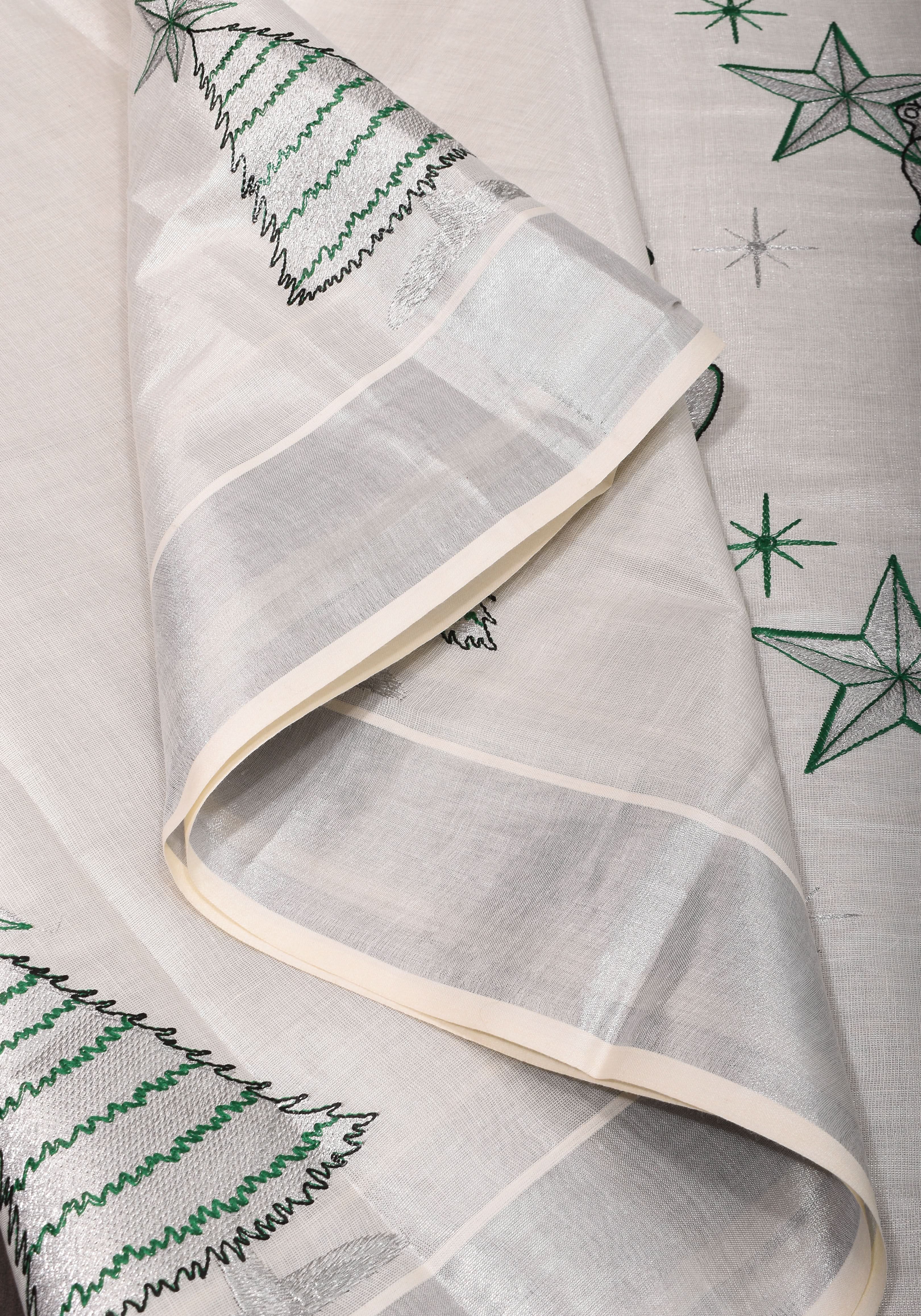 Kerala Tissue Cotton Saree with bells and stars motifs and Zari Border | Shobitam
