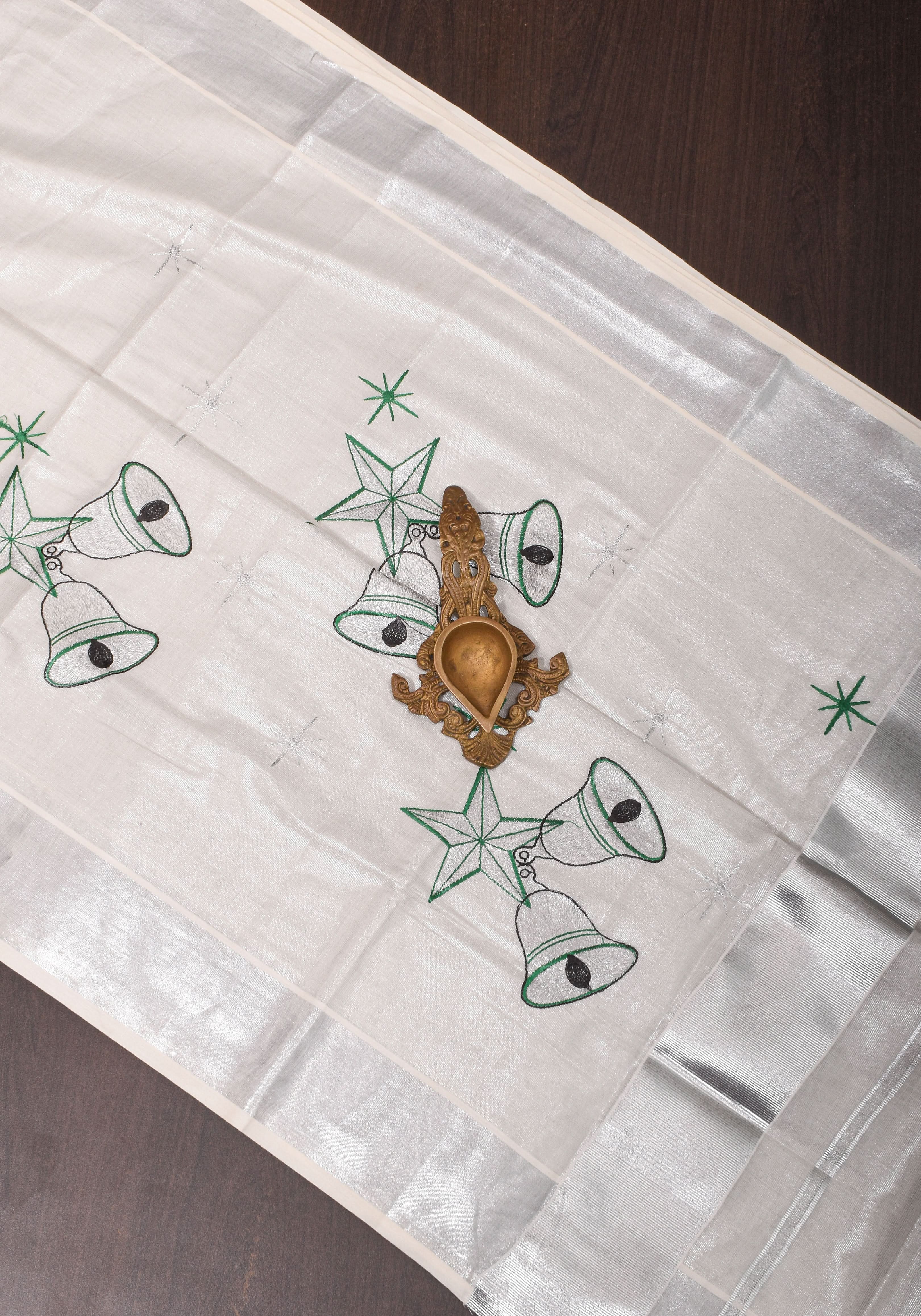 Kerala Tissue Cotton Saree with bells and stars motifs and Zari Border | Shobitam
