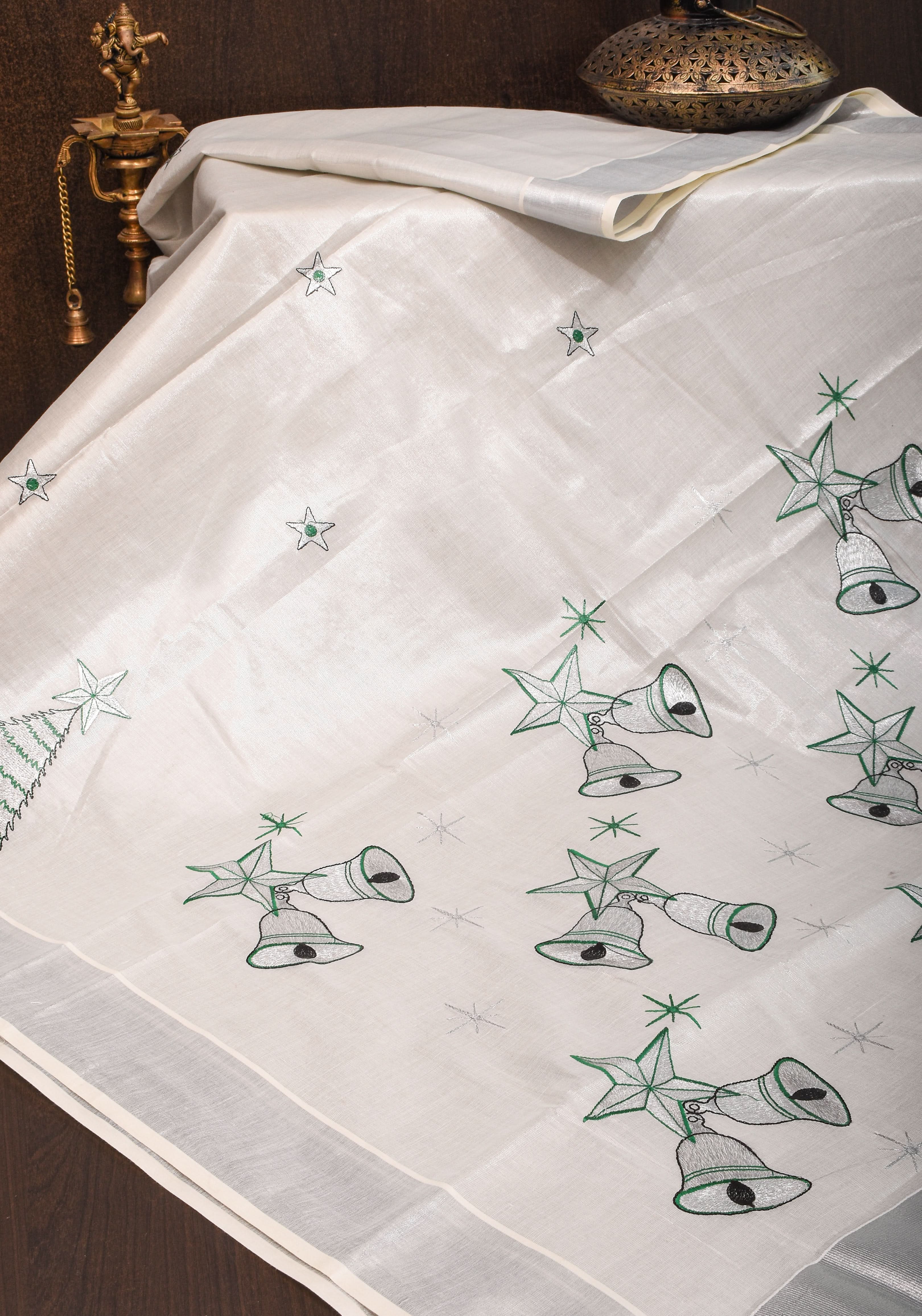 Kerala Tissue Cotton Saree with bells and stars motifs and Zari Border | Shobitam