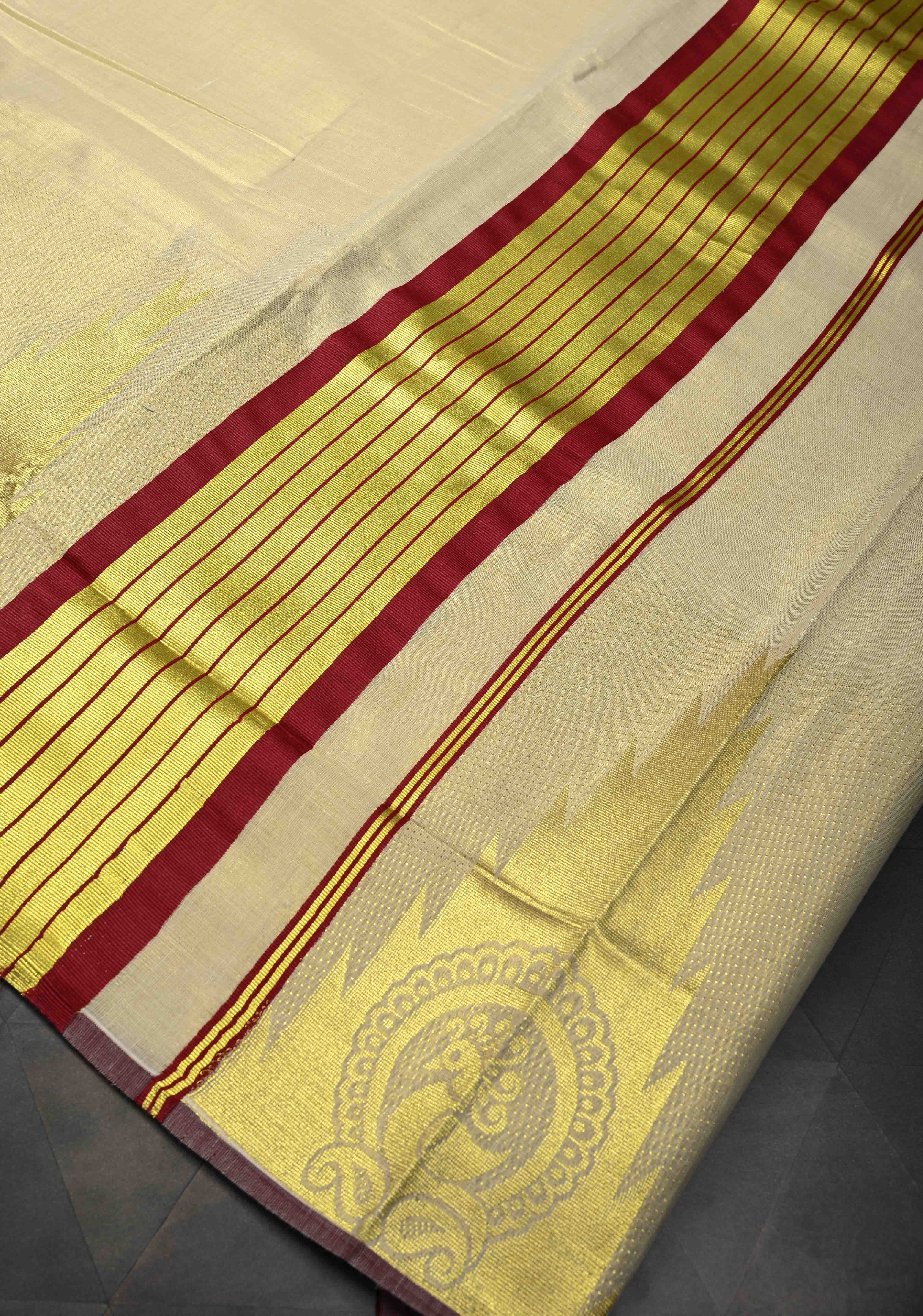 Beige Tissue Cotton Saree with Distinct Peacock On Temple Border | Shobitam
