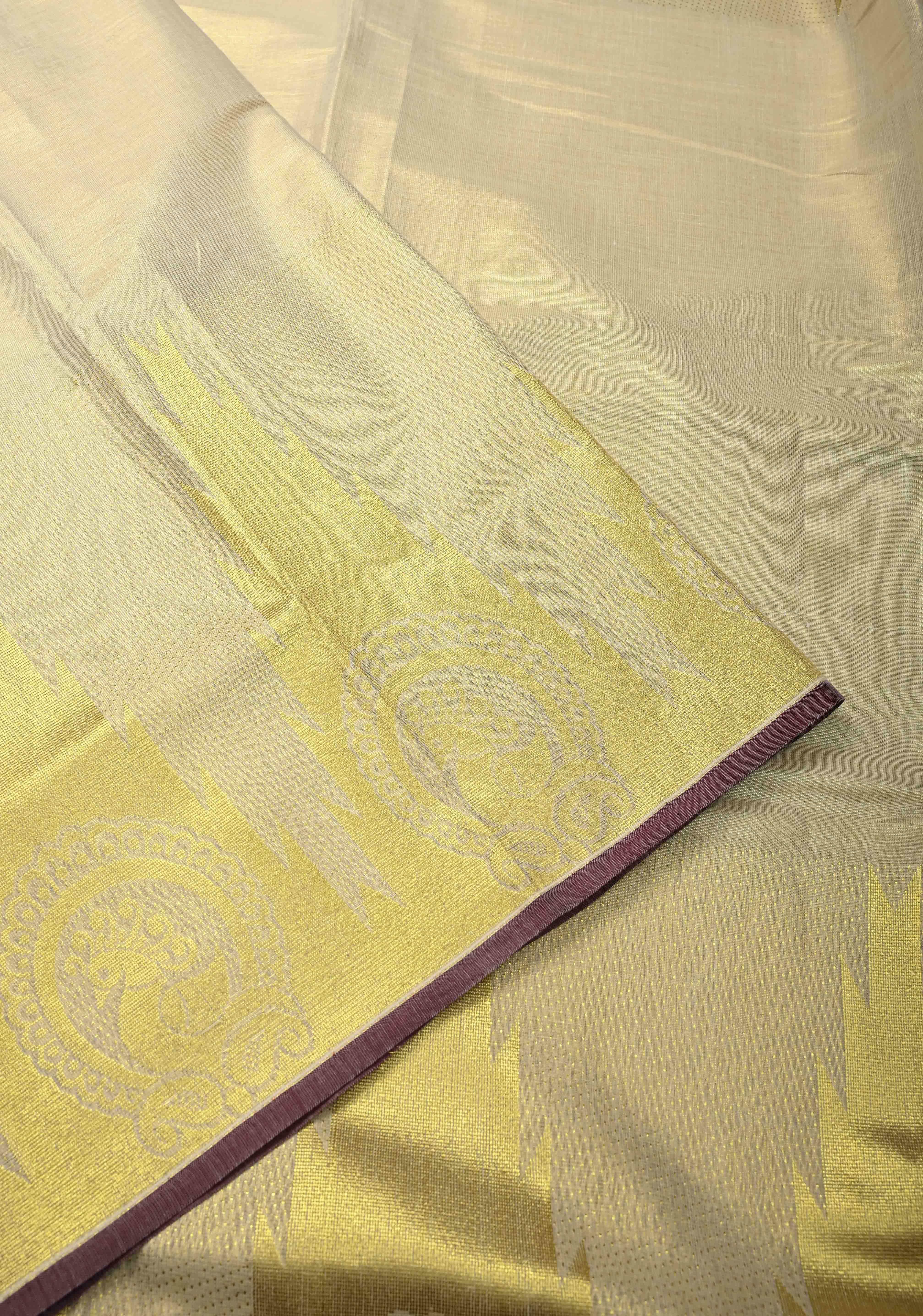 Beige Tissue Cotton Saree with Distinct Peacock On Temple Border | Shobitam