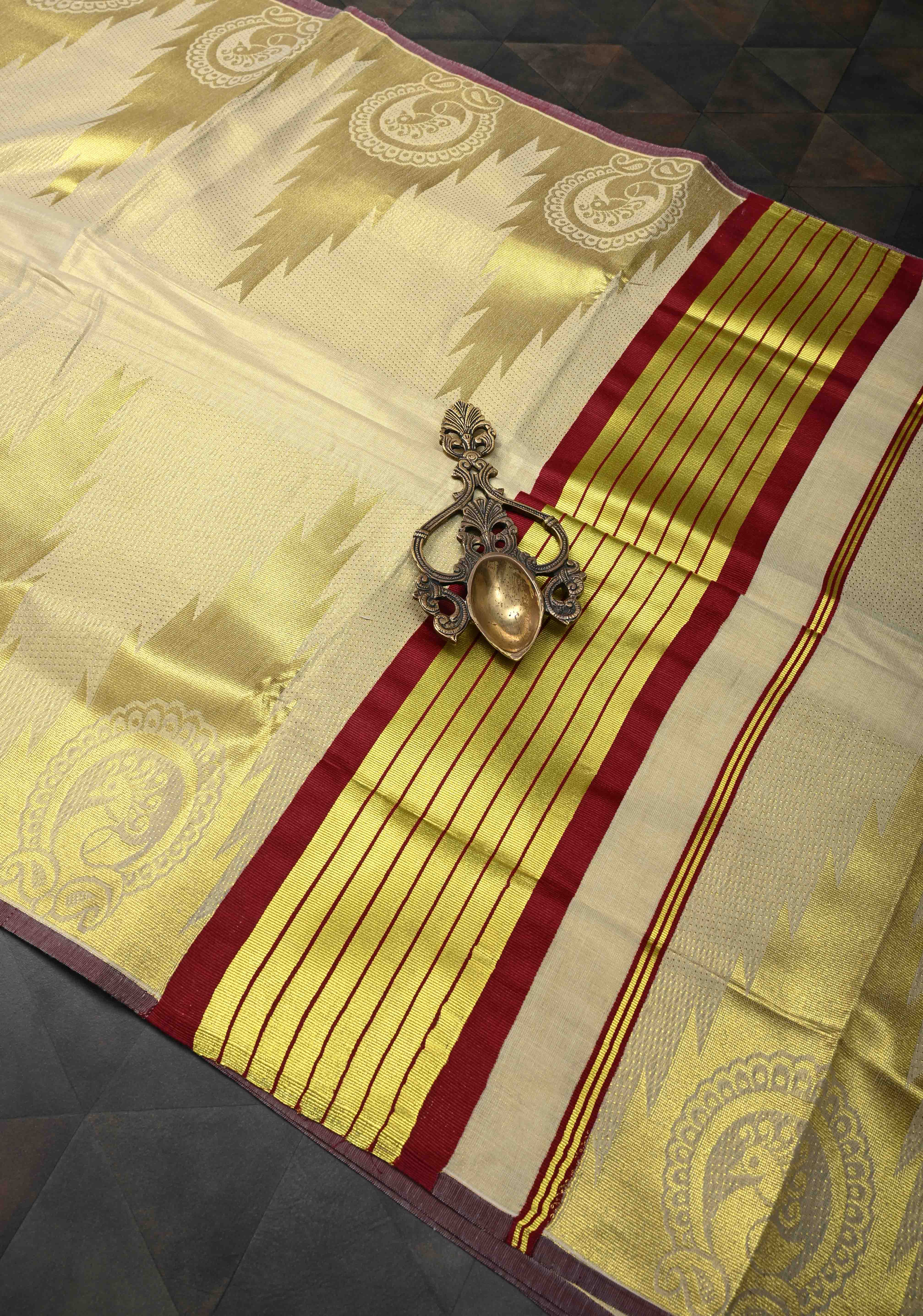 Beige Tissue Cotton Saree with Distinct Peacock On Temple Border | Shobitam