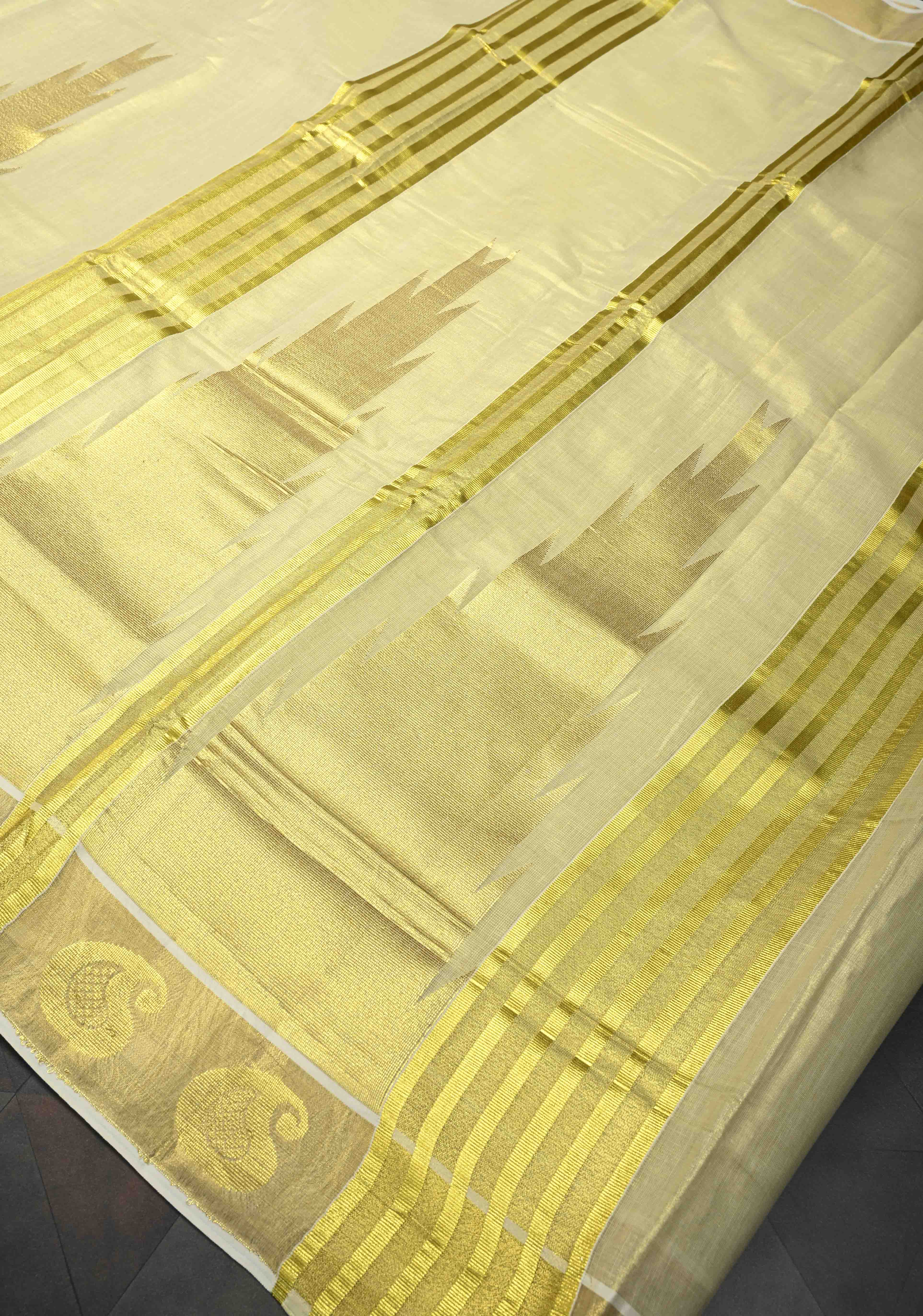 Tissue Cotton Saree with Elongated Temple Zari Motifs | Shobitam