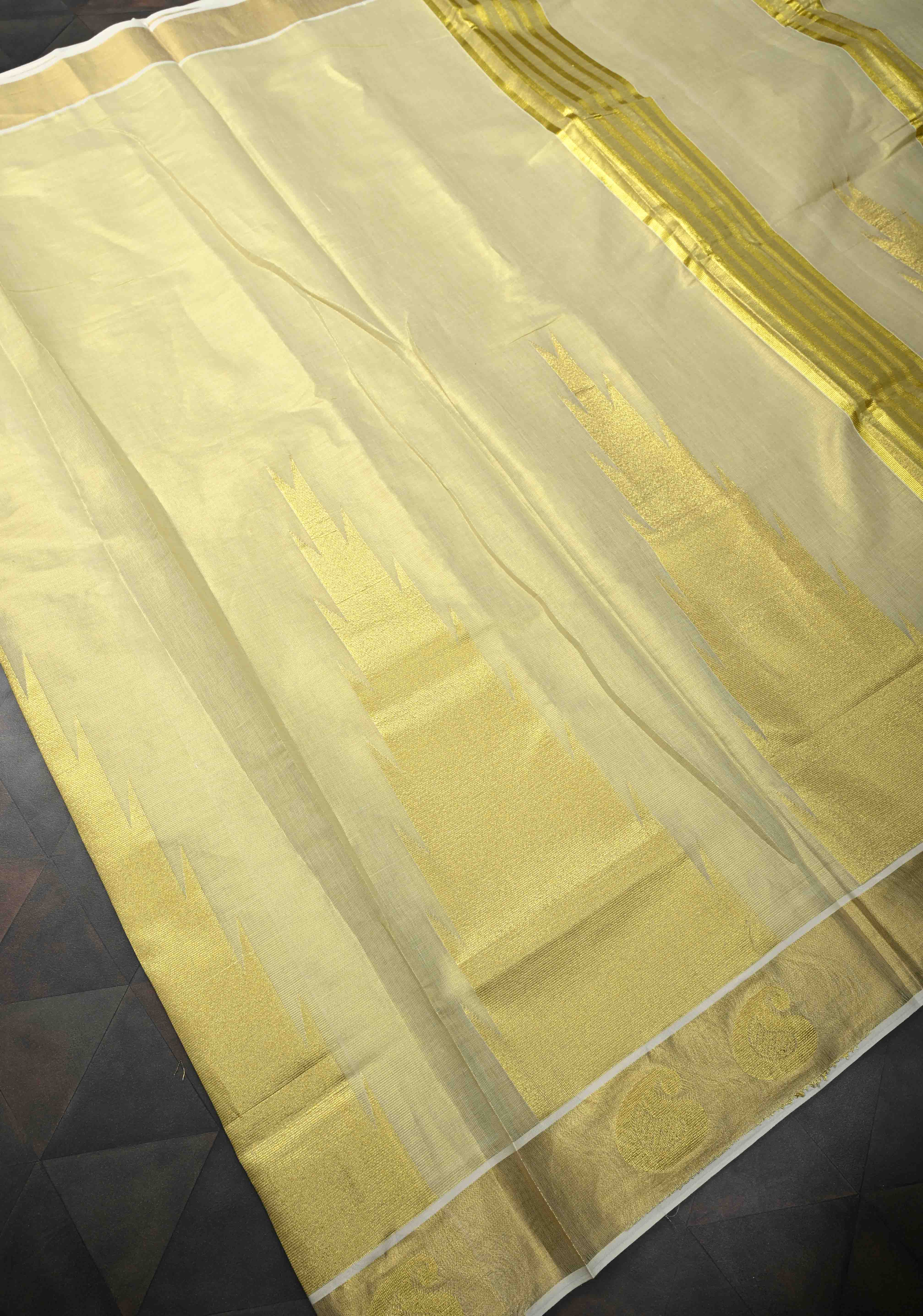 Tissue Cotton Saree with Elongated Temple Zari Motifs | Shobitam