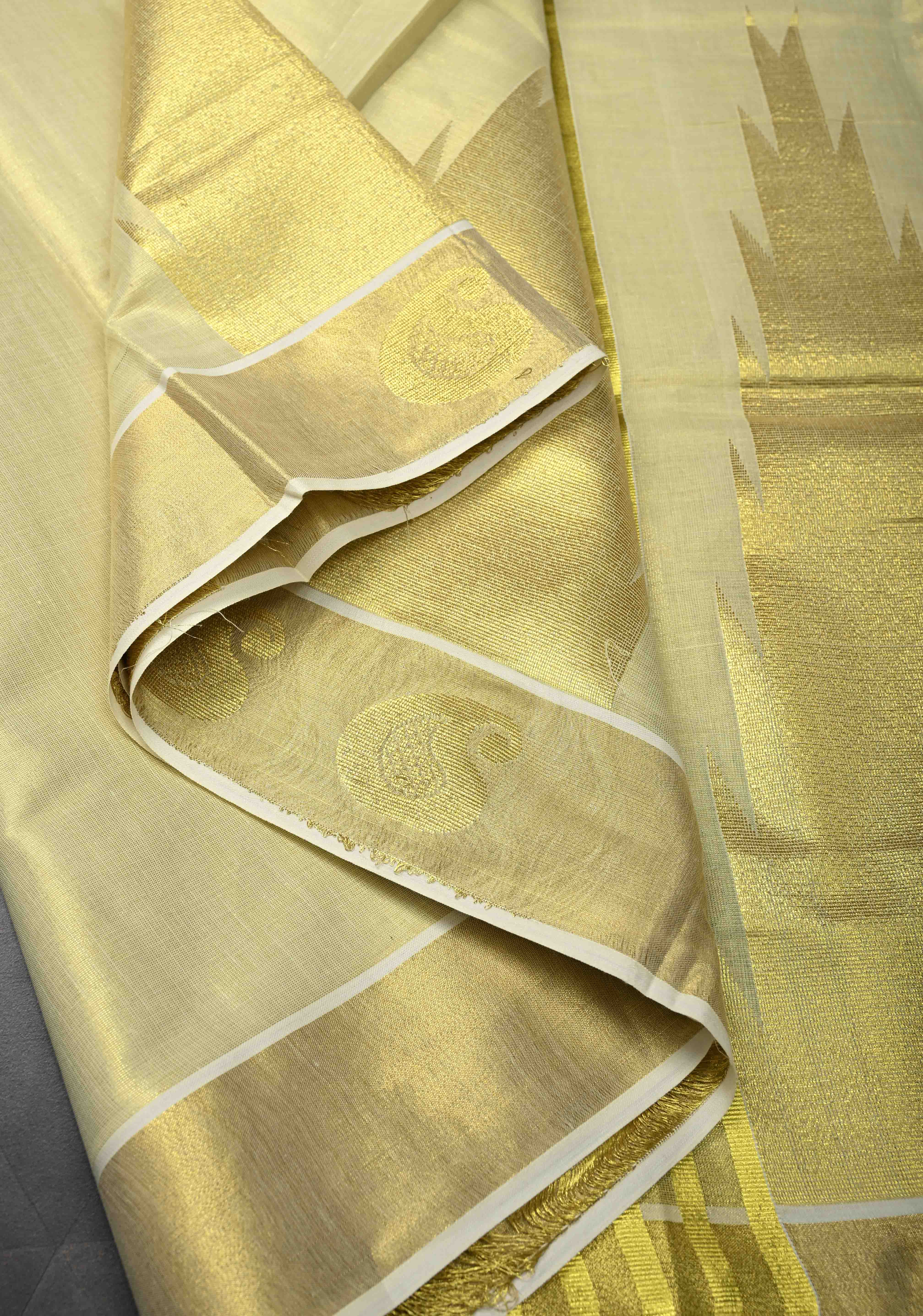 Tissue Cotton Saree with Elongated Temple Zari Motifs | Shobitam