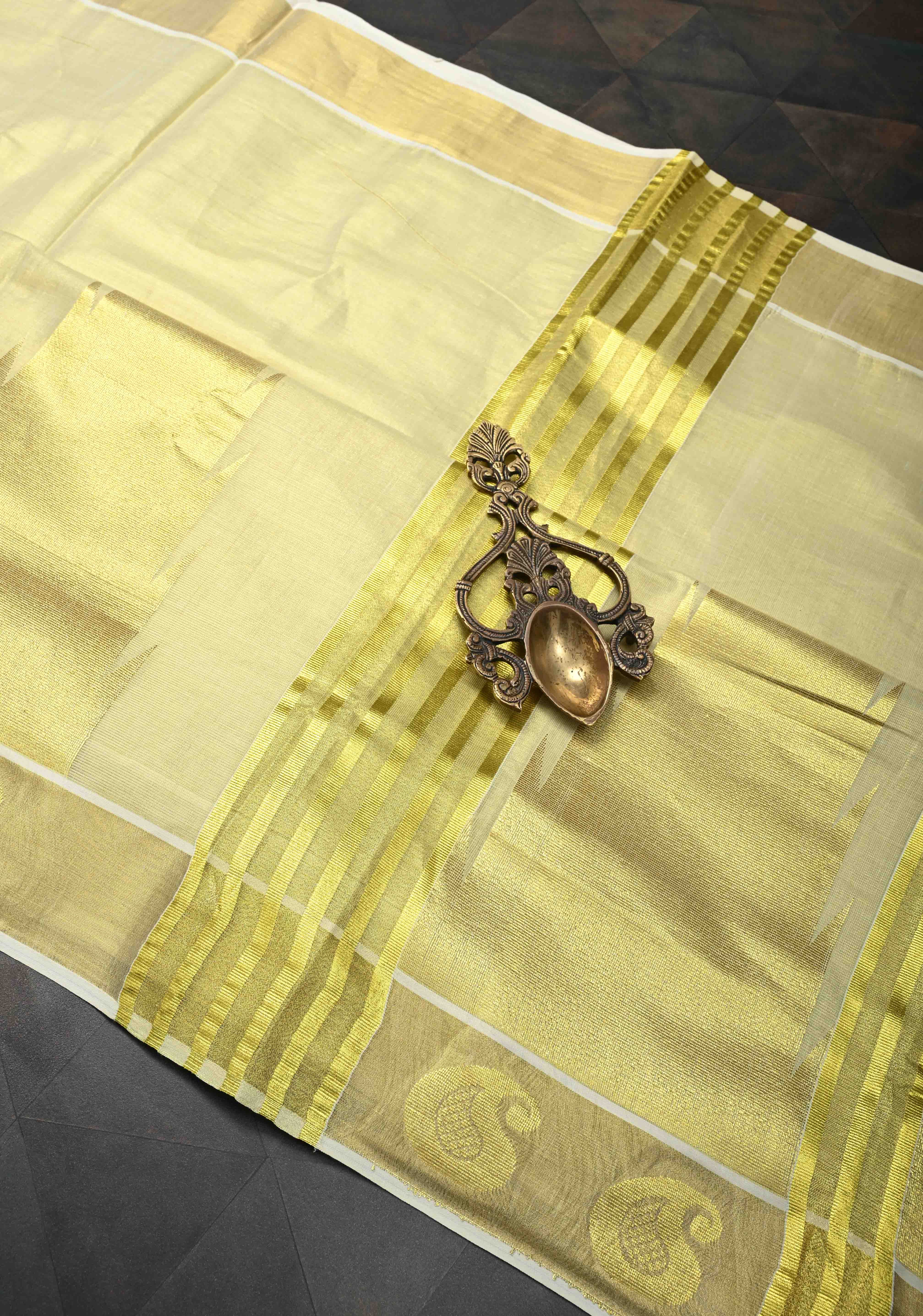 Tissue Cotton Saree with Elongated Temple Zari Motifs | Shobitam