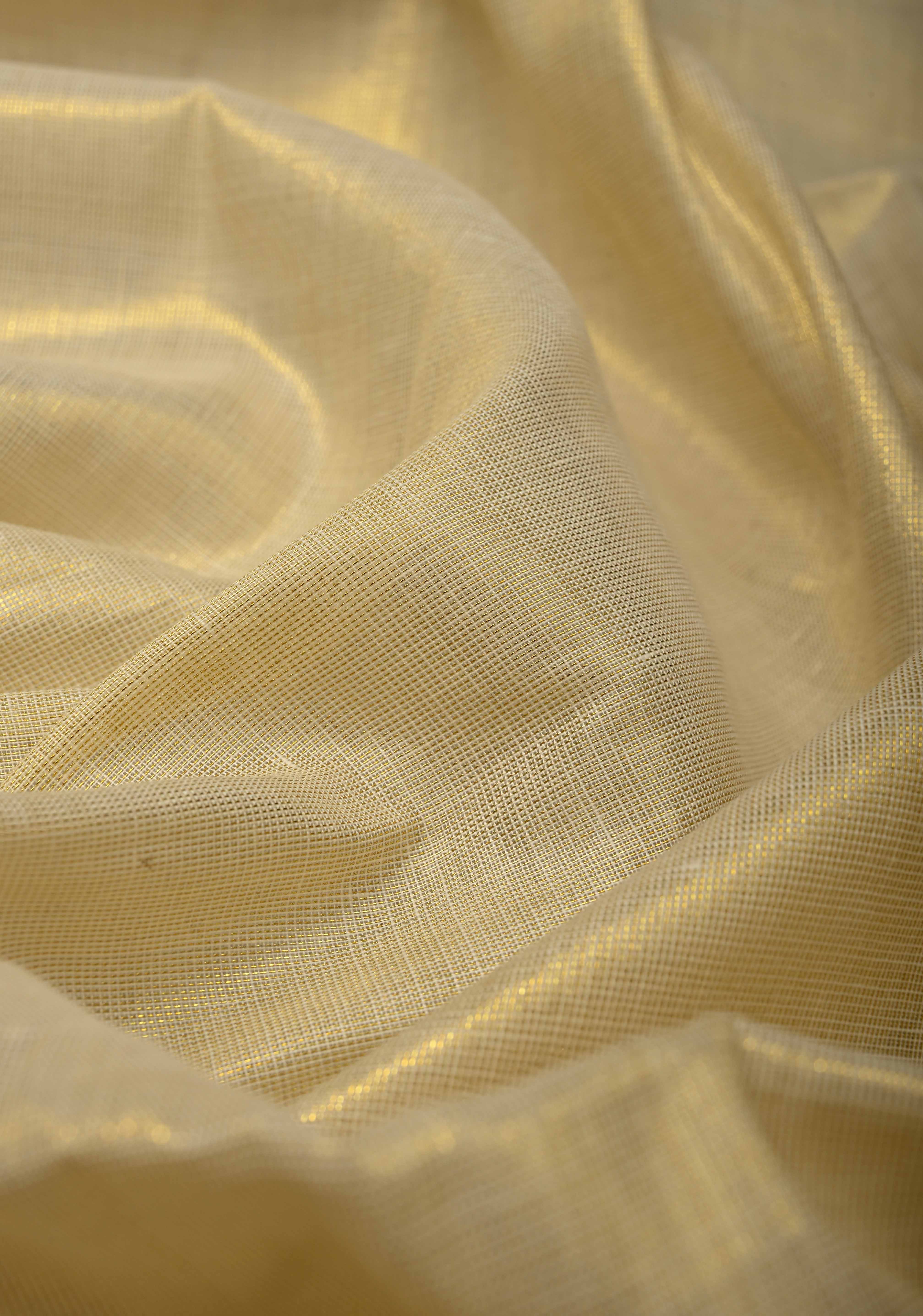 Off White Pre Stitch Adjustable Kerala Kasavu Cotton Tissue Saree with Zari Borders and pocket | Shobitam