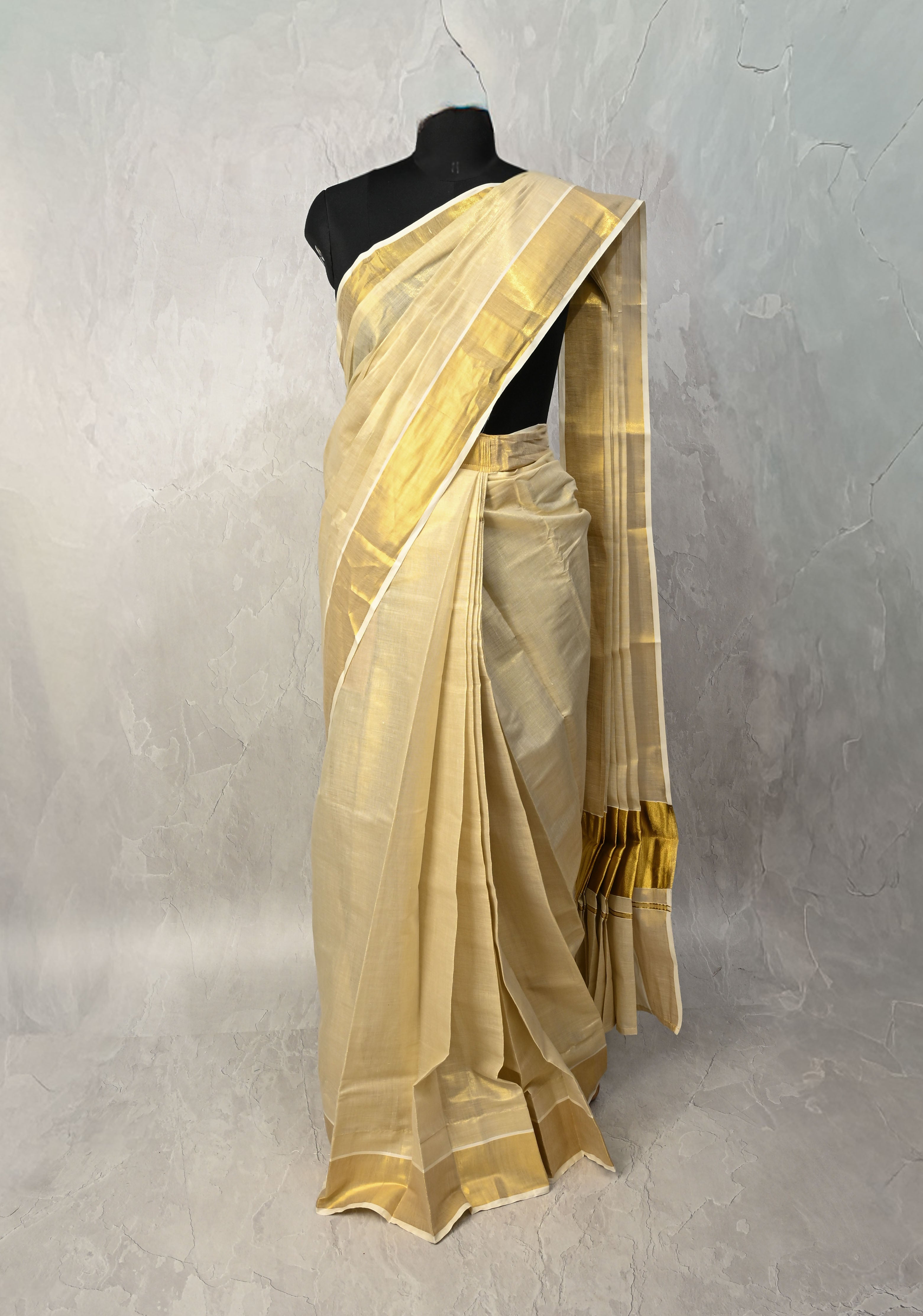 Off White Pre Stitch Adjustable Kerala Kasavu Cotton Tissue Saree with Zari Borders and pocket | Shobitam
