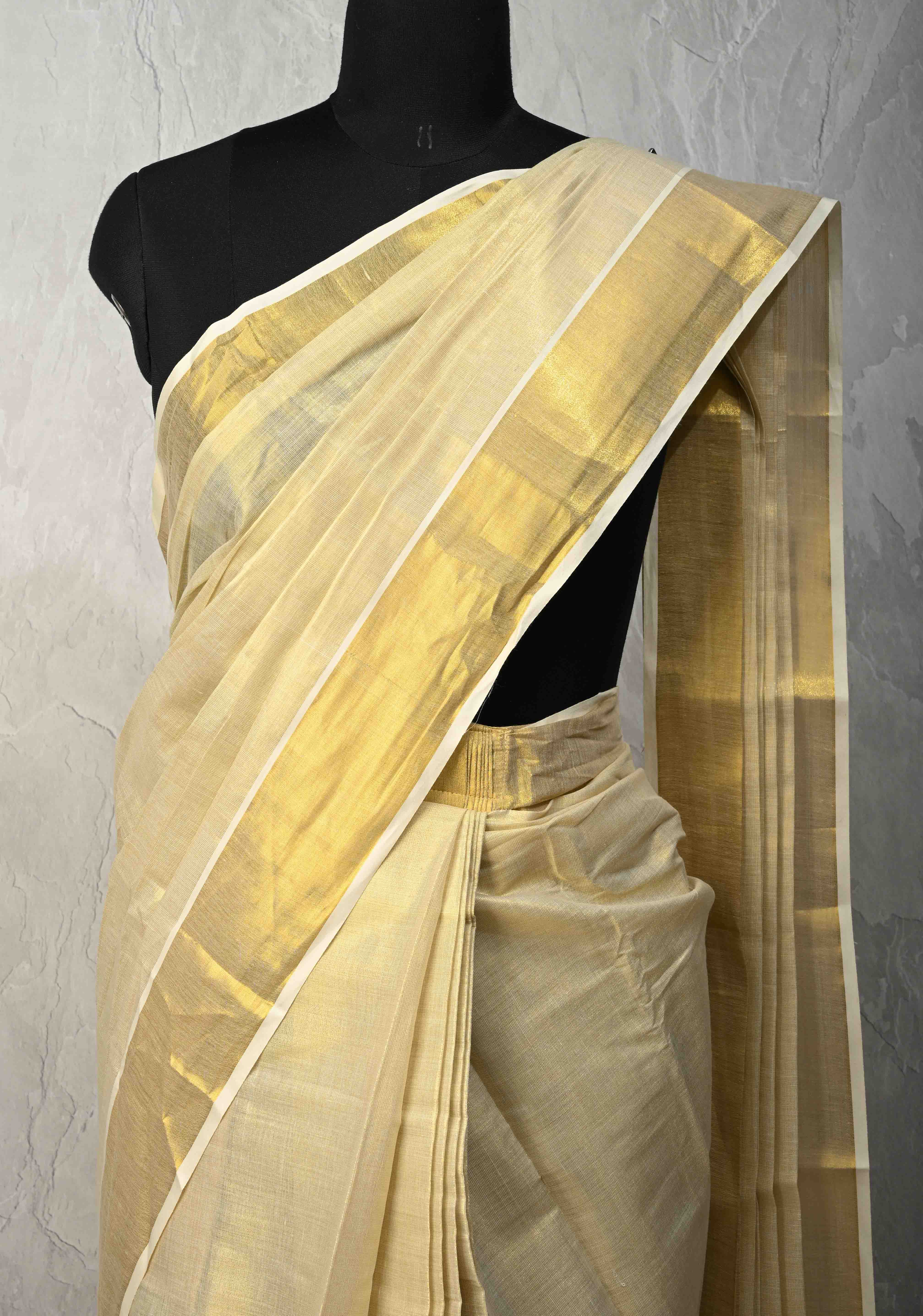 Off White Pre Stitch Adjustable Kerala Kasavu Cotton Tissue Saree with Zari Borders and pocket | Shobitam