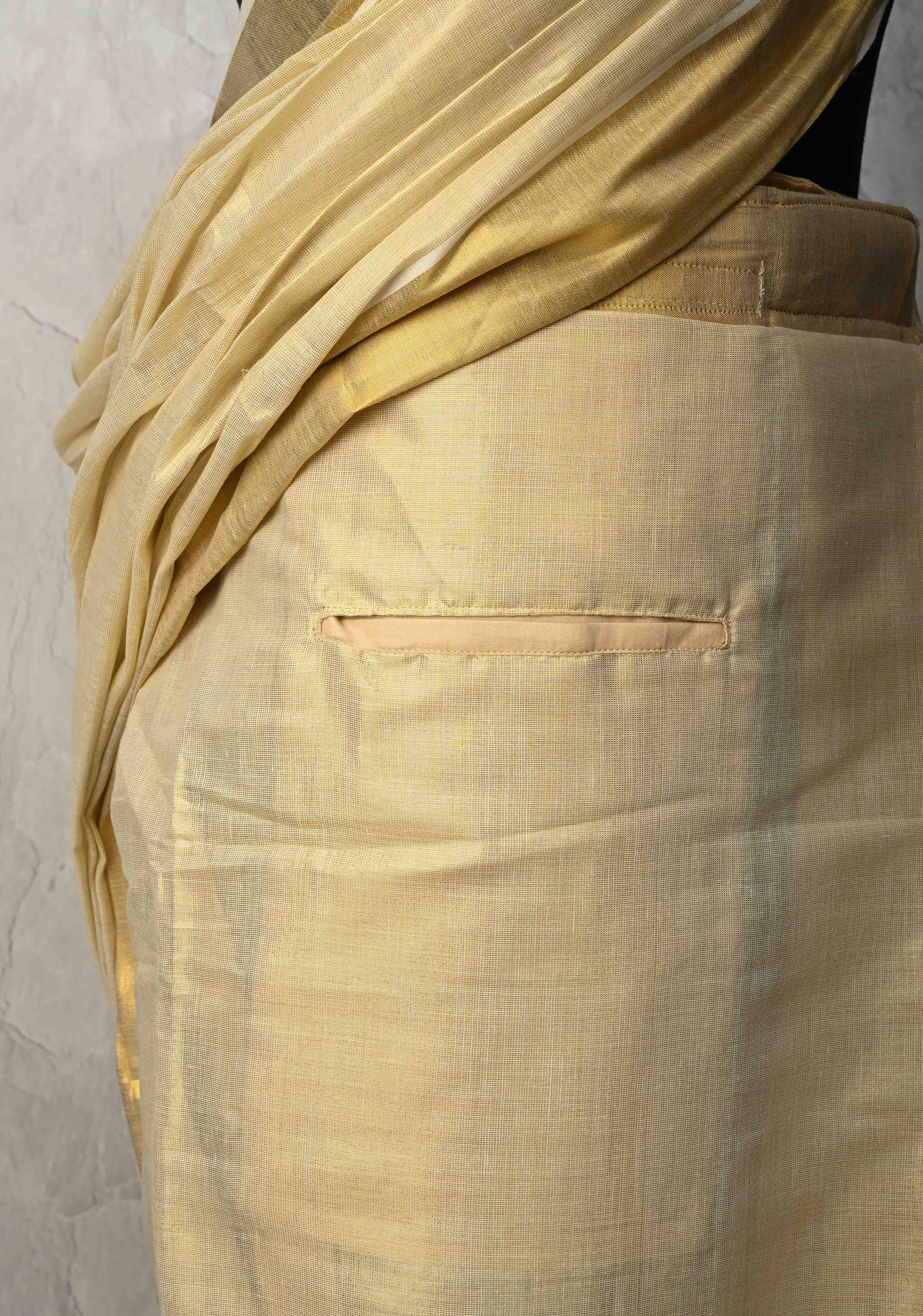 Off White Pre Stitch Adjustable Kerala Kasavu Cotton Tissue Saree with Zari Borders and pocket | Shobitam