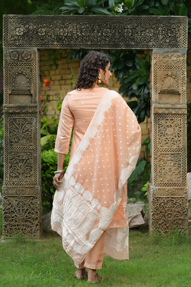 Peach Poly Chanderi Ethnic Motifs Straight Suit Set | SHOBITAM