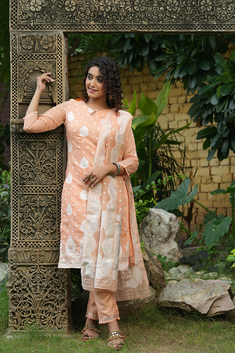 Peach Poly Chanderi Ethnic Motifs Straight Suit Set | SHOBITAM