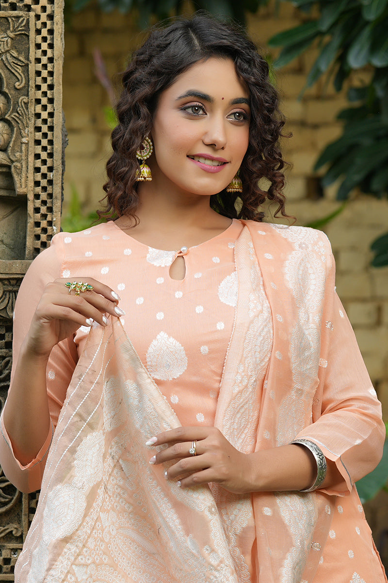 Peach Poly Chanderi Ethnic Motifs Straight Suit Set | SHOBITAM