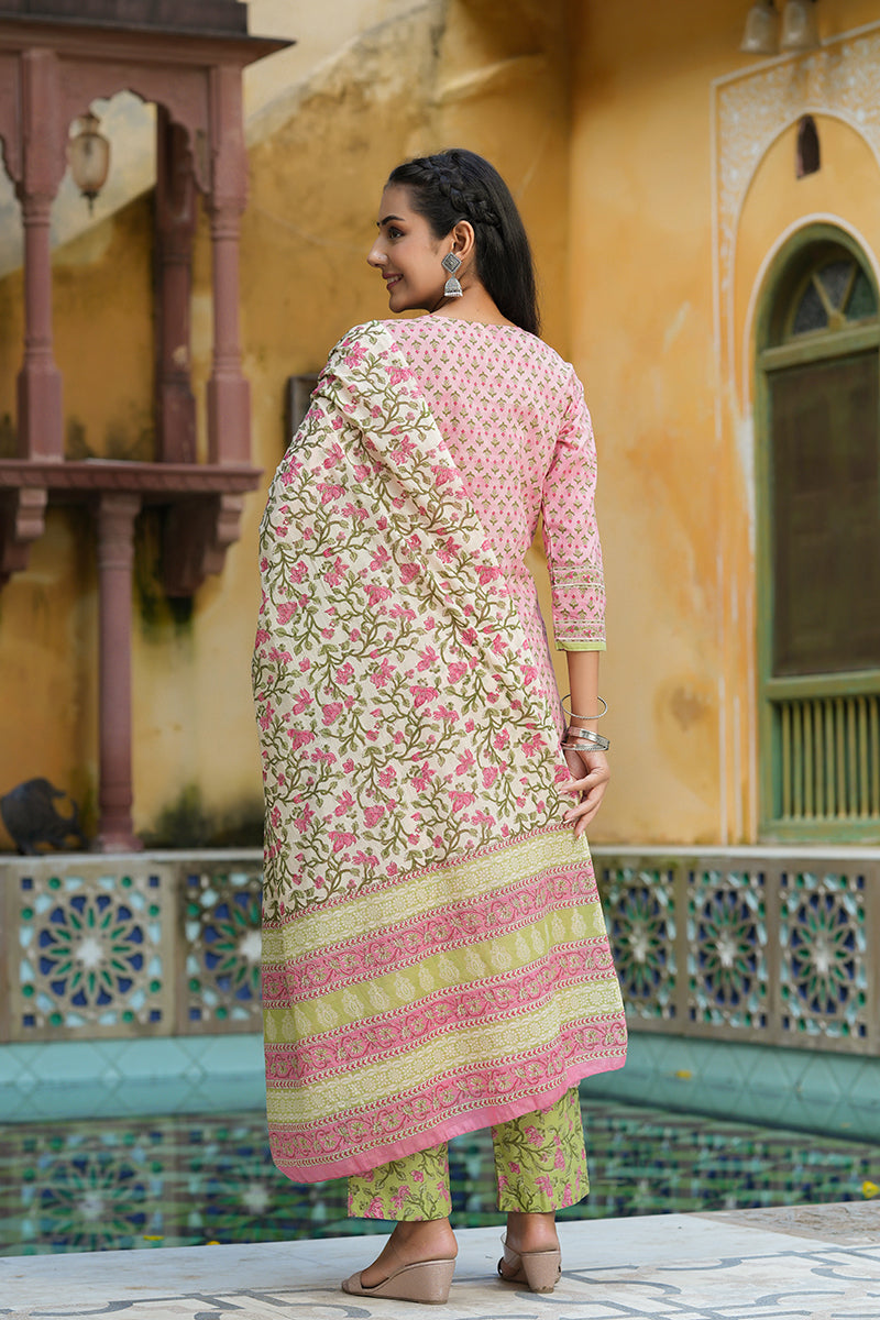 Pink Cotton Ethnic Motifs Printed Suit Set | SHOBITAM