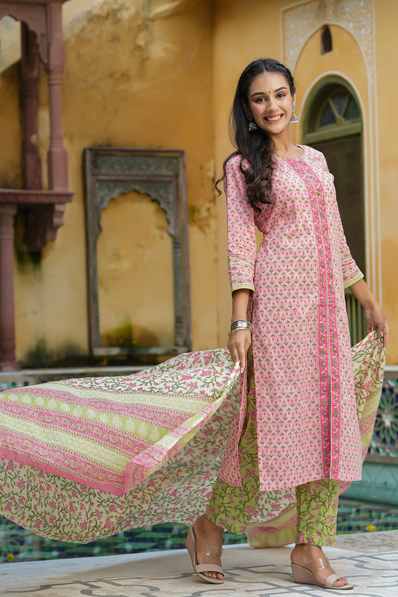 Pink Cotton Ethnic Motifs Printed Suit Set | SHOBITAM