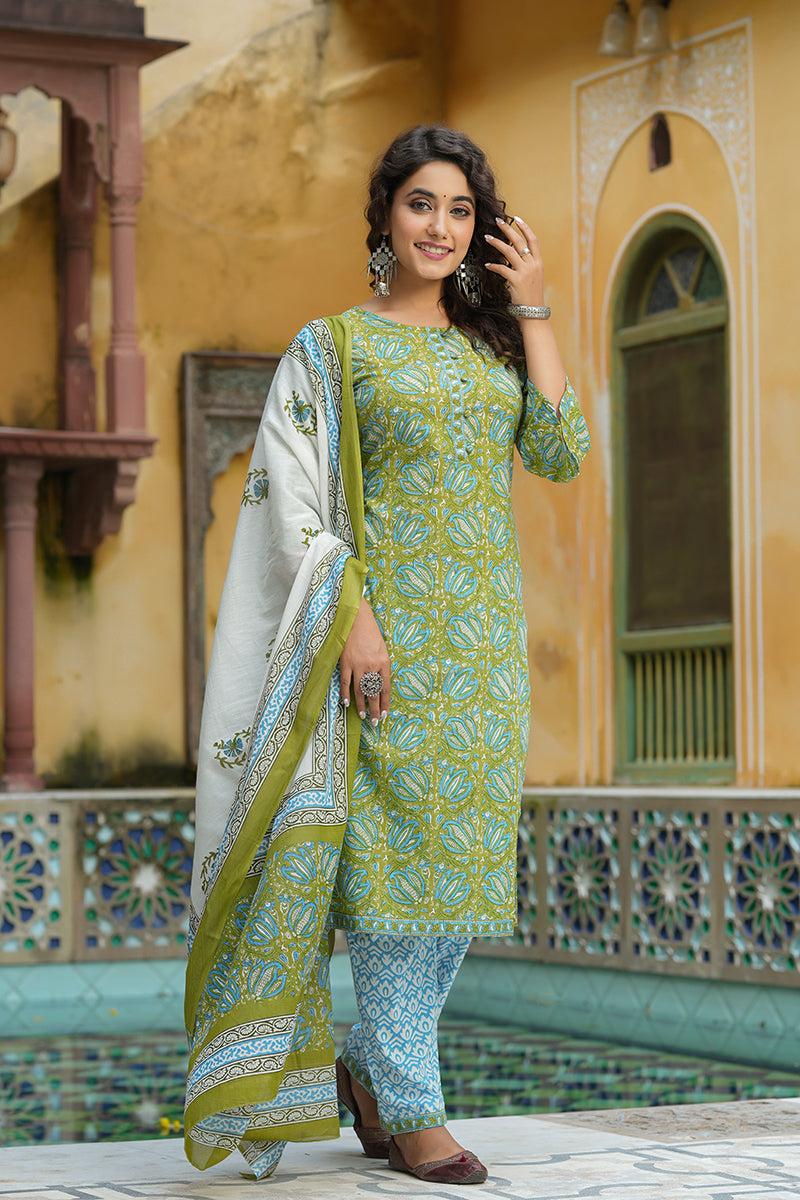 Green Pure Cotton Straight Suit Set | SHOBITAM