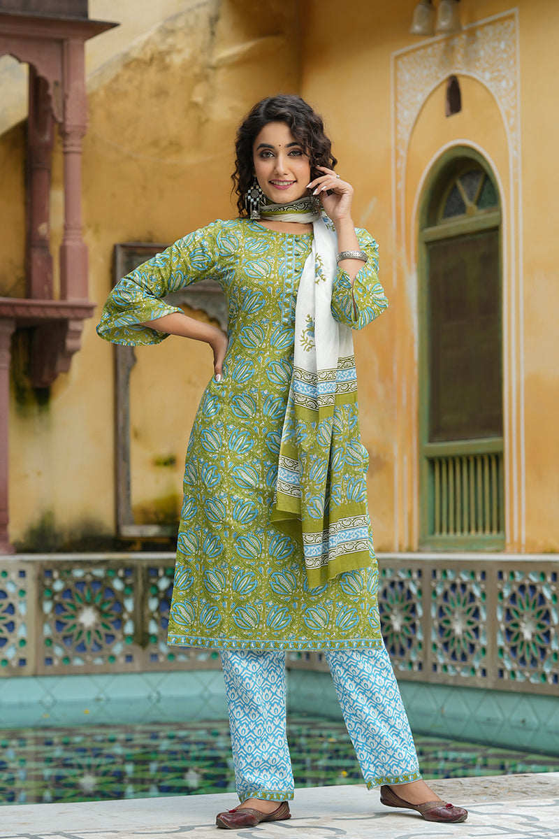 Green Pure Cotton Straight Suit Set | SHOBITAM