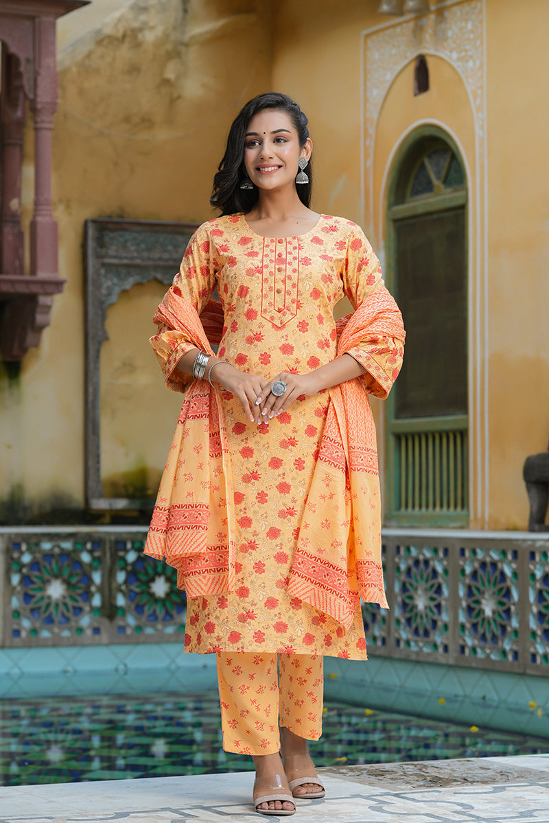 Orange Pure Cotton Straight Kurta Pant With Dupatta | SHOBITAM