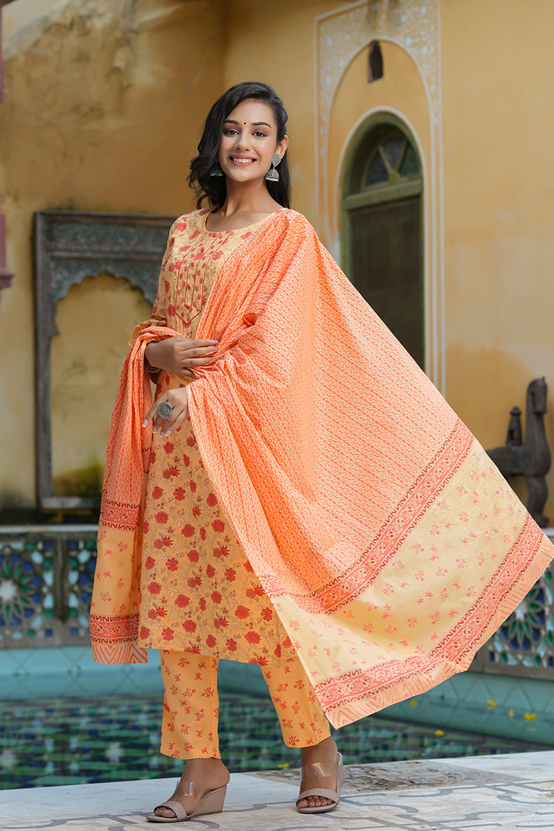 Orange Pure Cotton Straight Kurta Pant With Dupatta | SHOBITAM