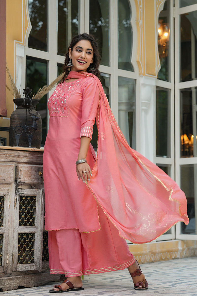 Peach Cotton Yoke Design Suit Set | SHOBITAM