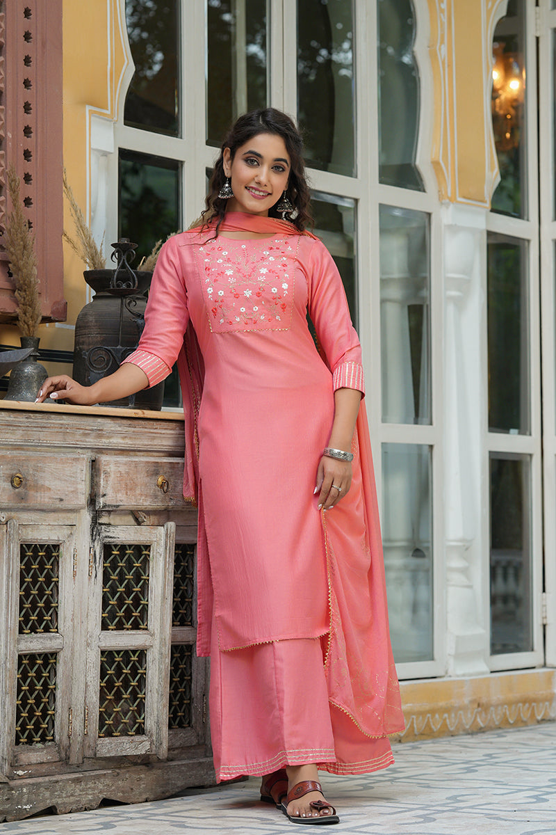 Peach Cotton Yoke Design Suit Set | SHOBITAM