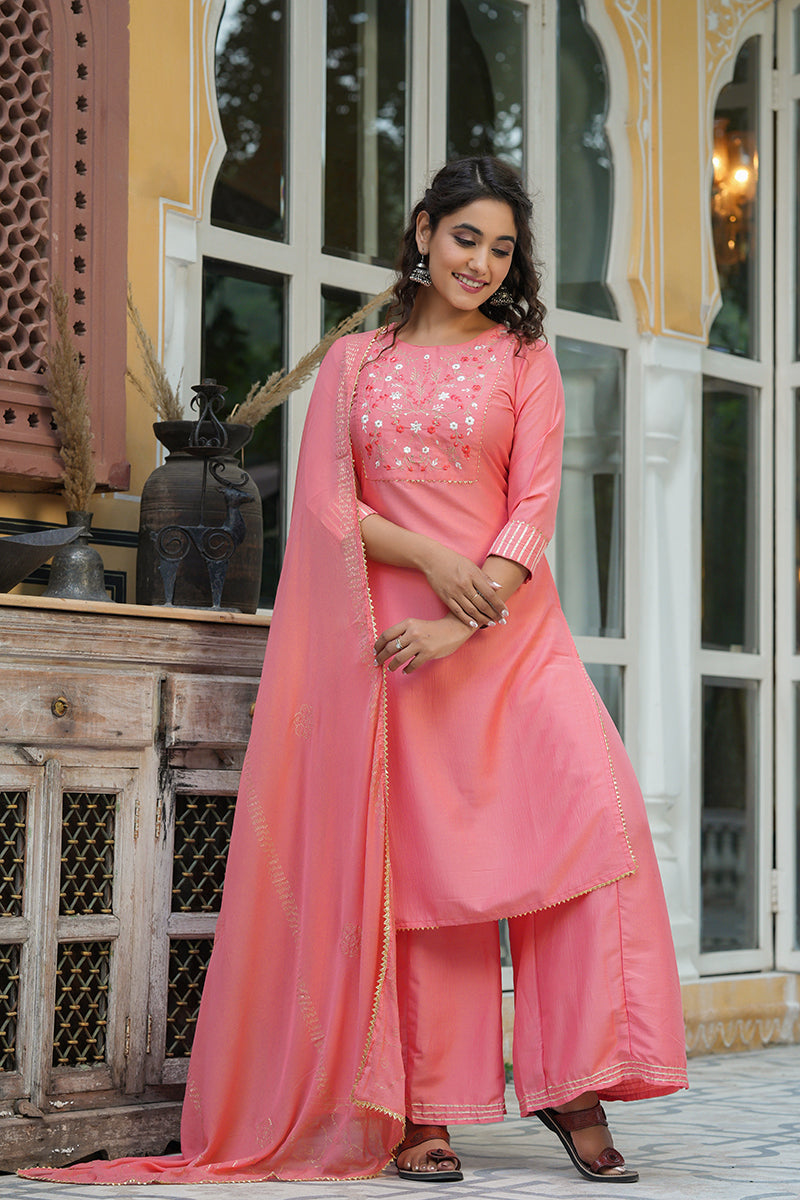 Peach Cotton Yoke Design Suit Set | SHOBITAM