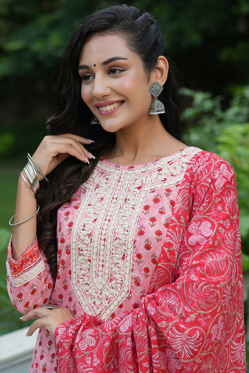 Pink Cotton Straight Suit Set | SHOBITAM
