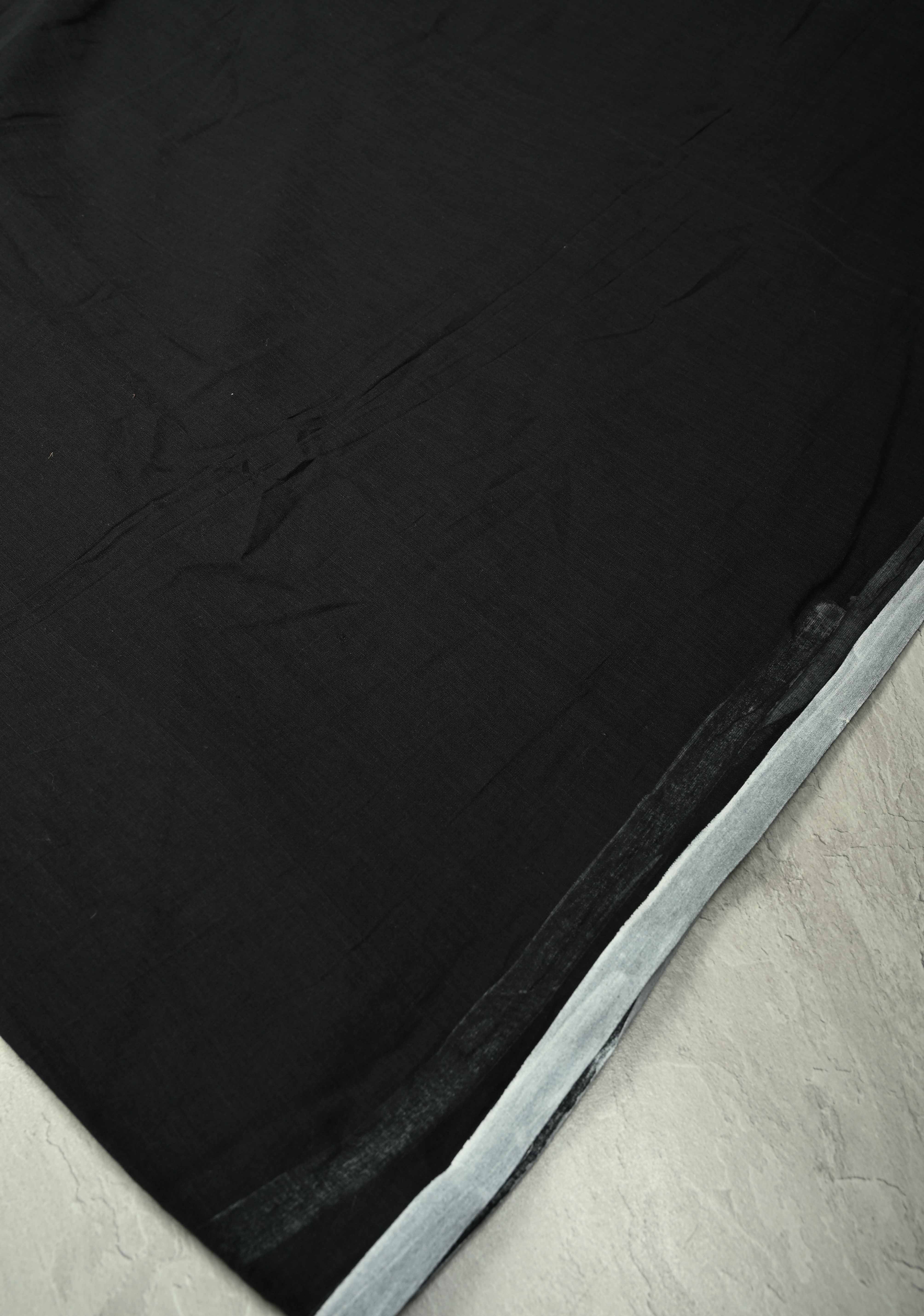 Black Mulmul Cotton Saree with White Long tassels,No Blouse Piece | Shobitam