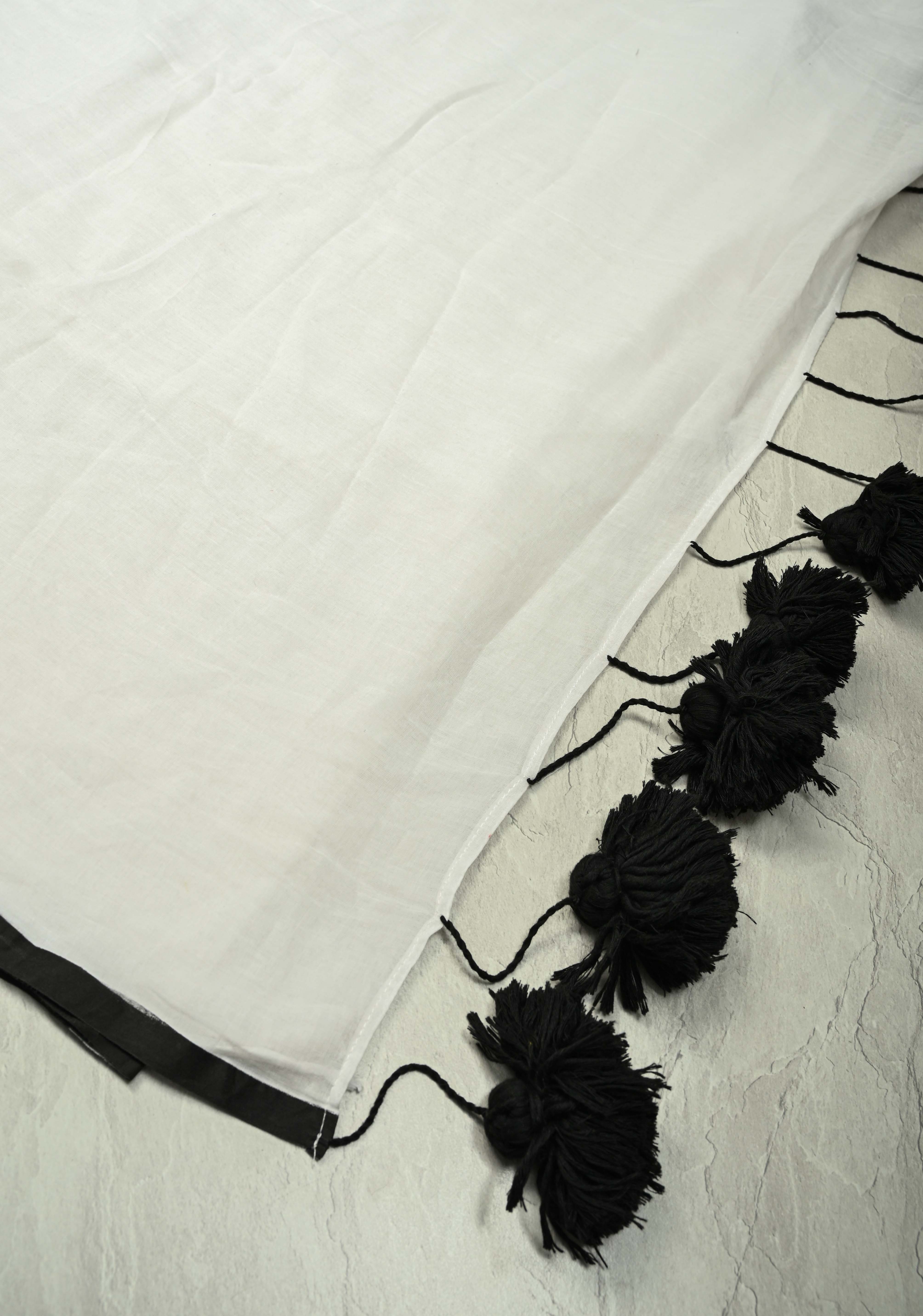 White Mulmul cotton saree with Long Black tassels ,No Blouse Piece | Shobitam