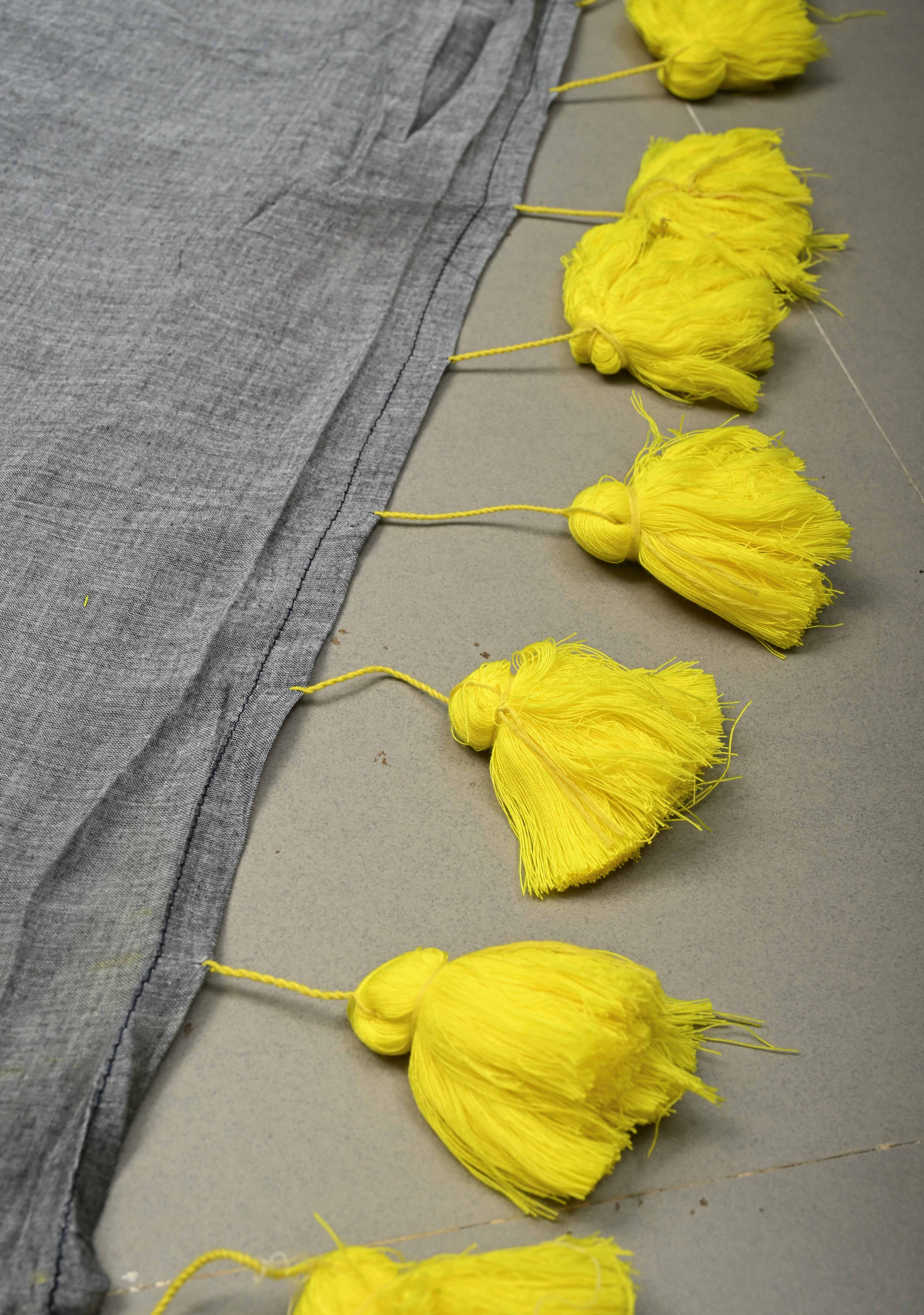 Gray Mulmul Cotton Saree with Yellow Long Tassels, No Blouse Piece | Shobitam