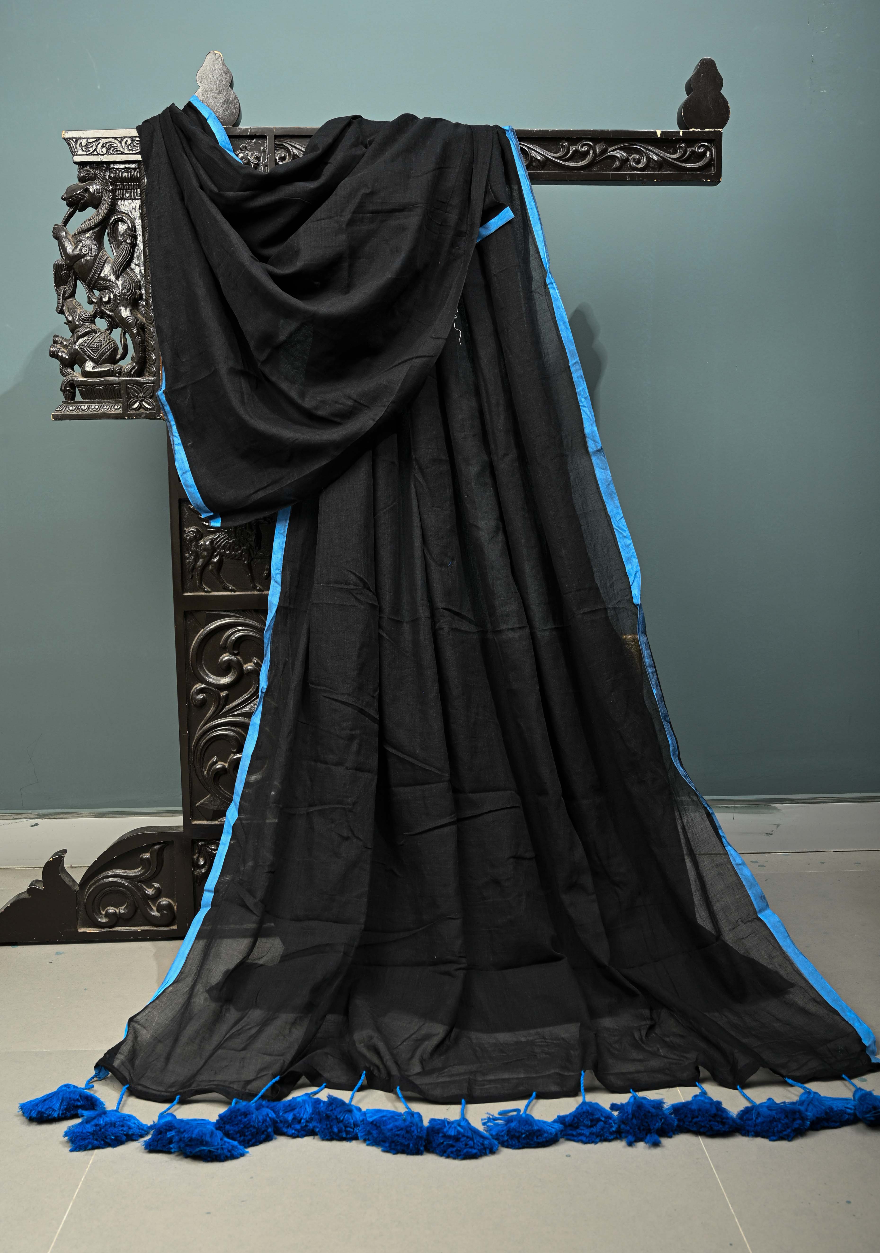 Black Mulmul Cotton Saree with Blue Long Tassels, No Blouse Piece | Shobitam