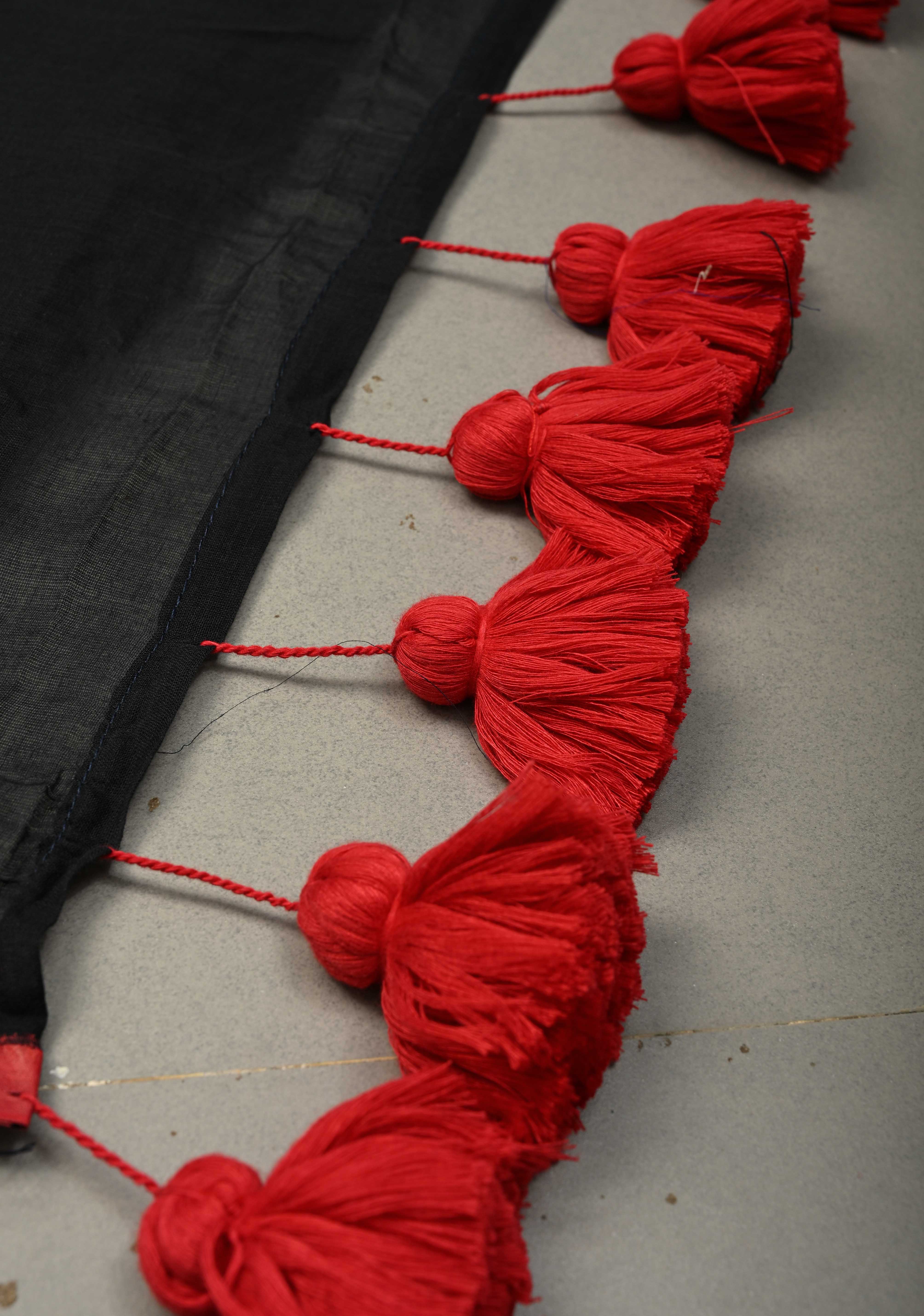 Black Mulmul Cotton Saree with Red Long Tassels, No Blouse Piece