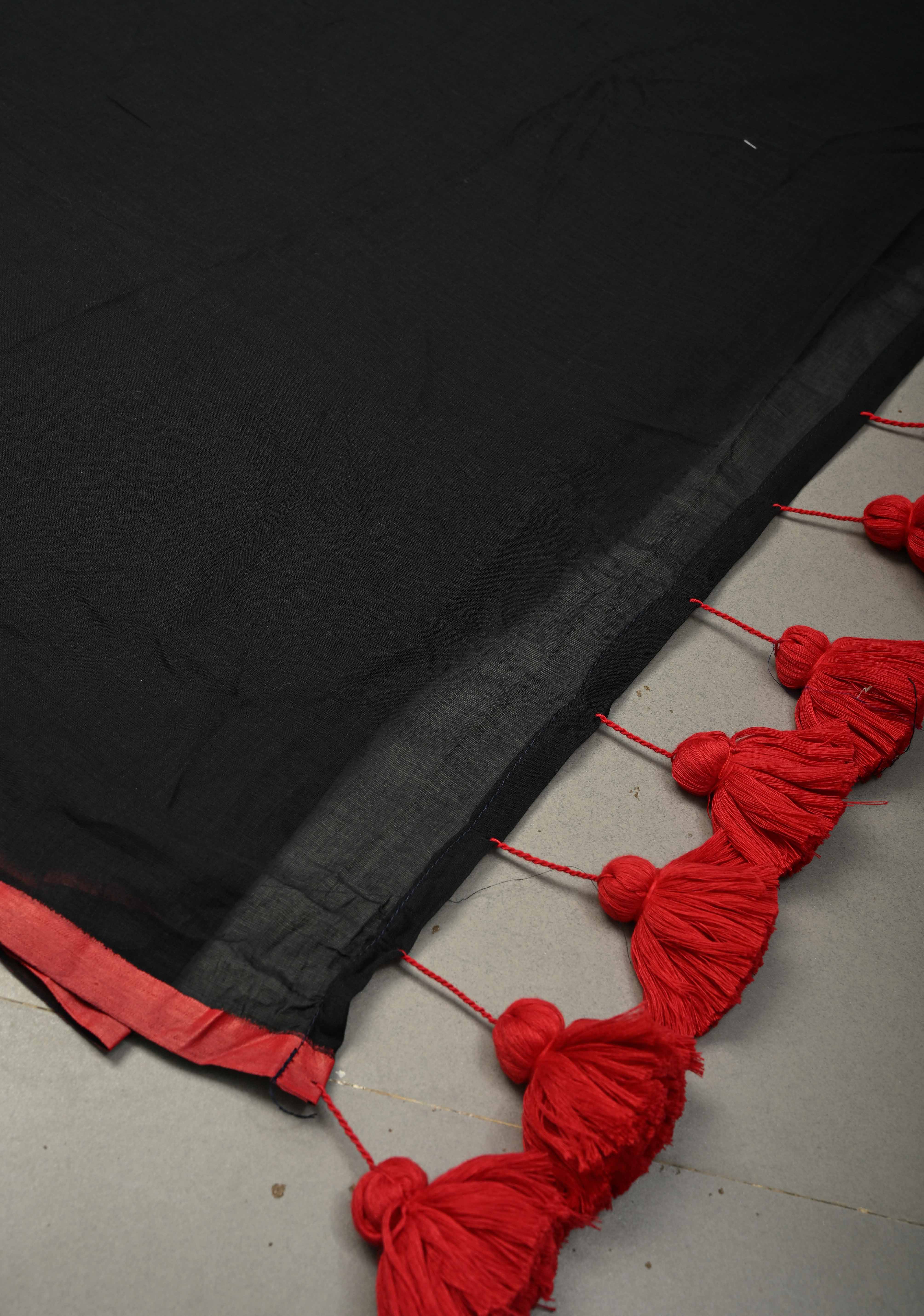 Black Mulmul Cotton Saree with Red Long Tassels, No Blouse Piece