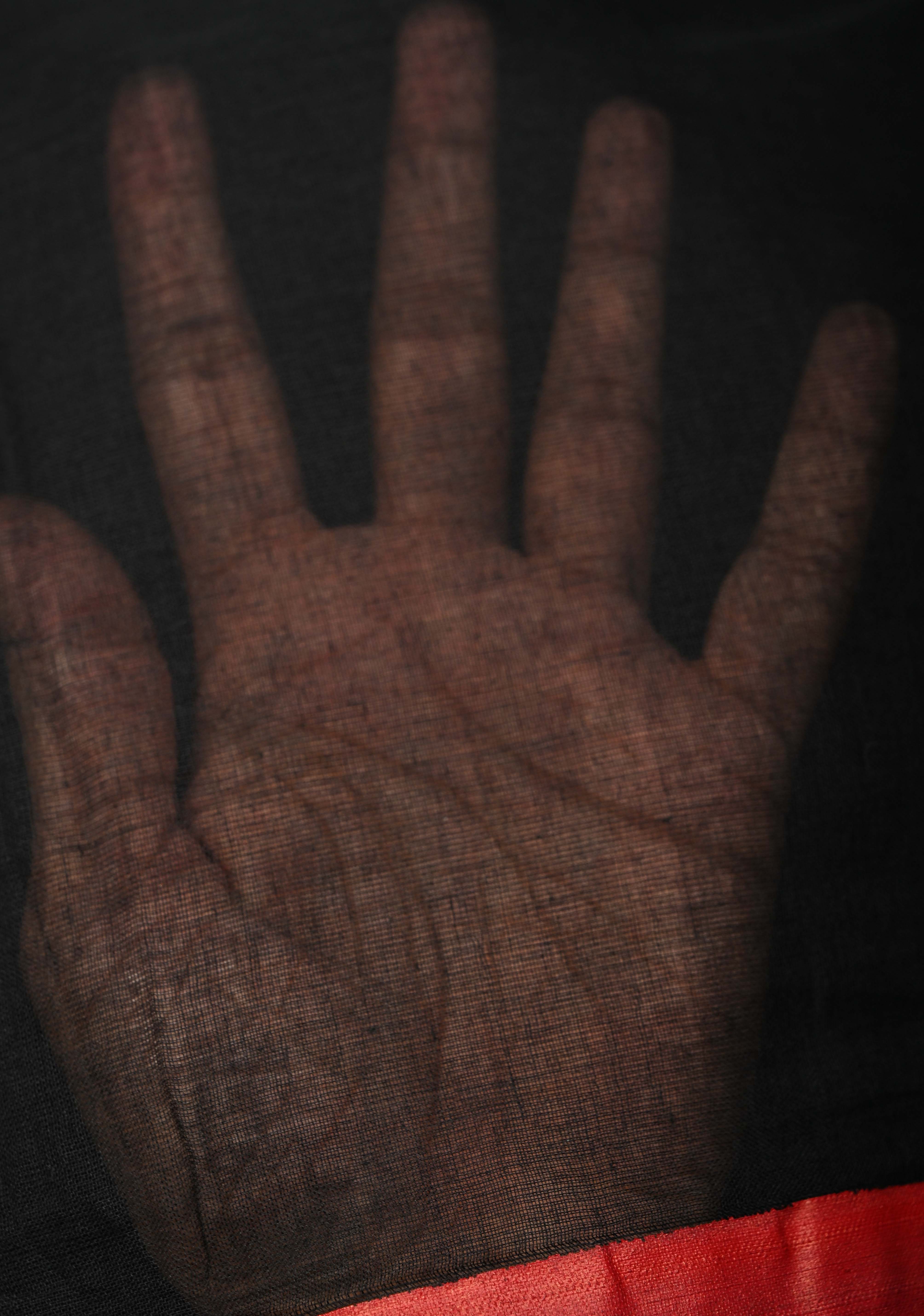 Black Mulmul Cotton Saree with Red Long Tassels, No Blouse Piece