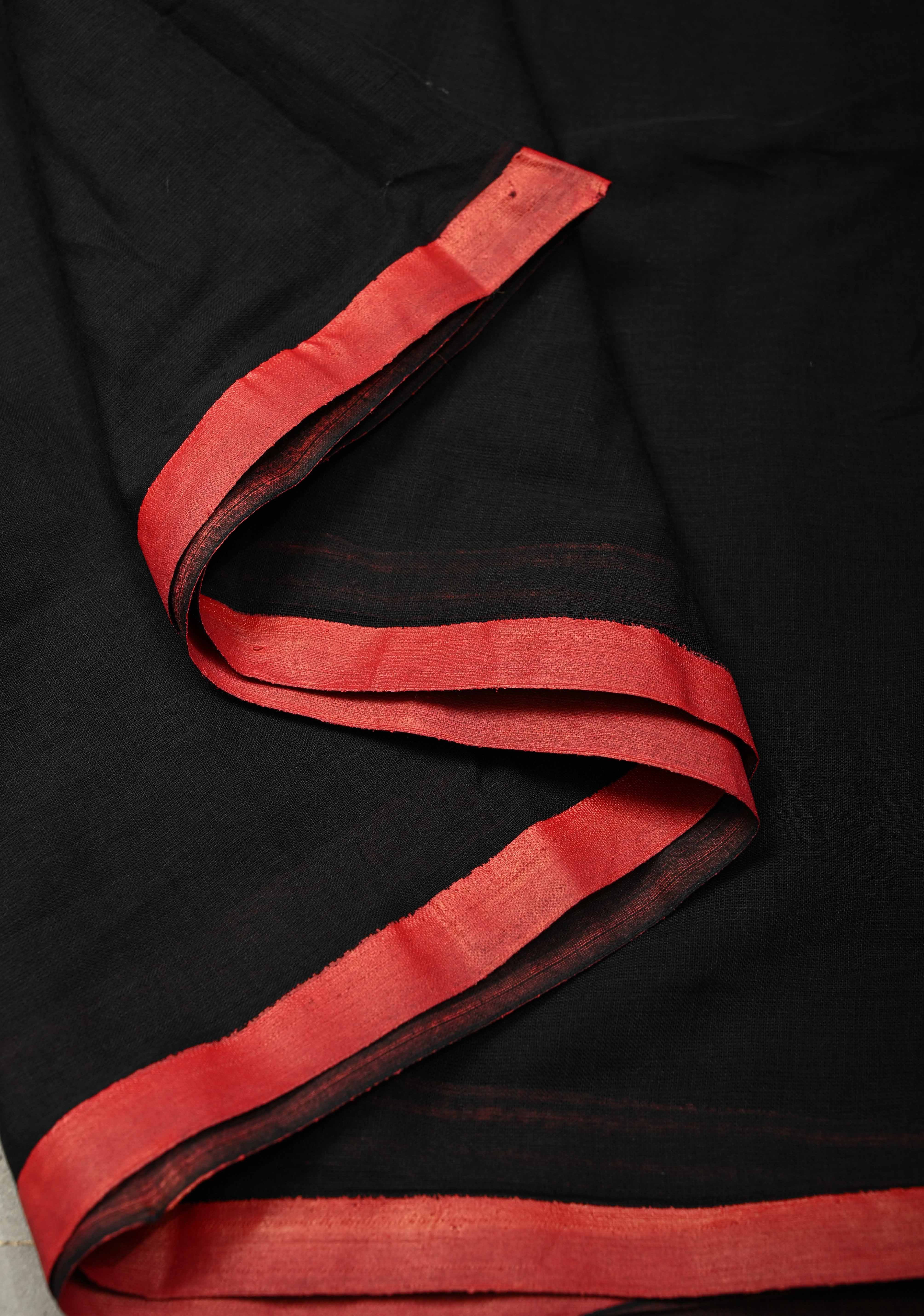 Black Mulmul Cotton Saree with Red Long Tassels, No Blouse Piece