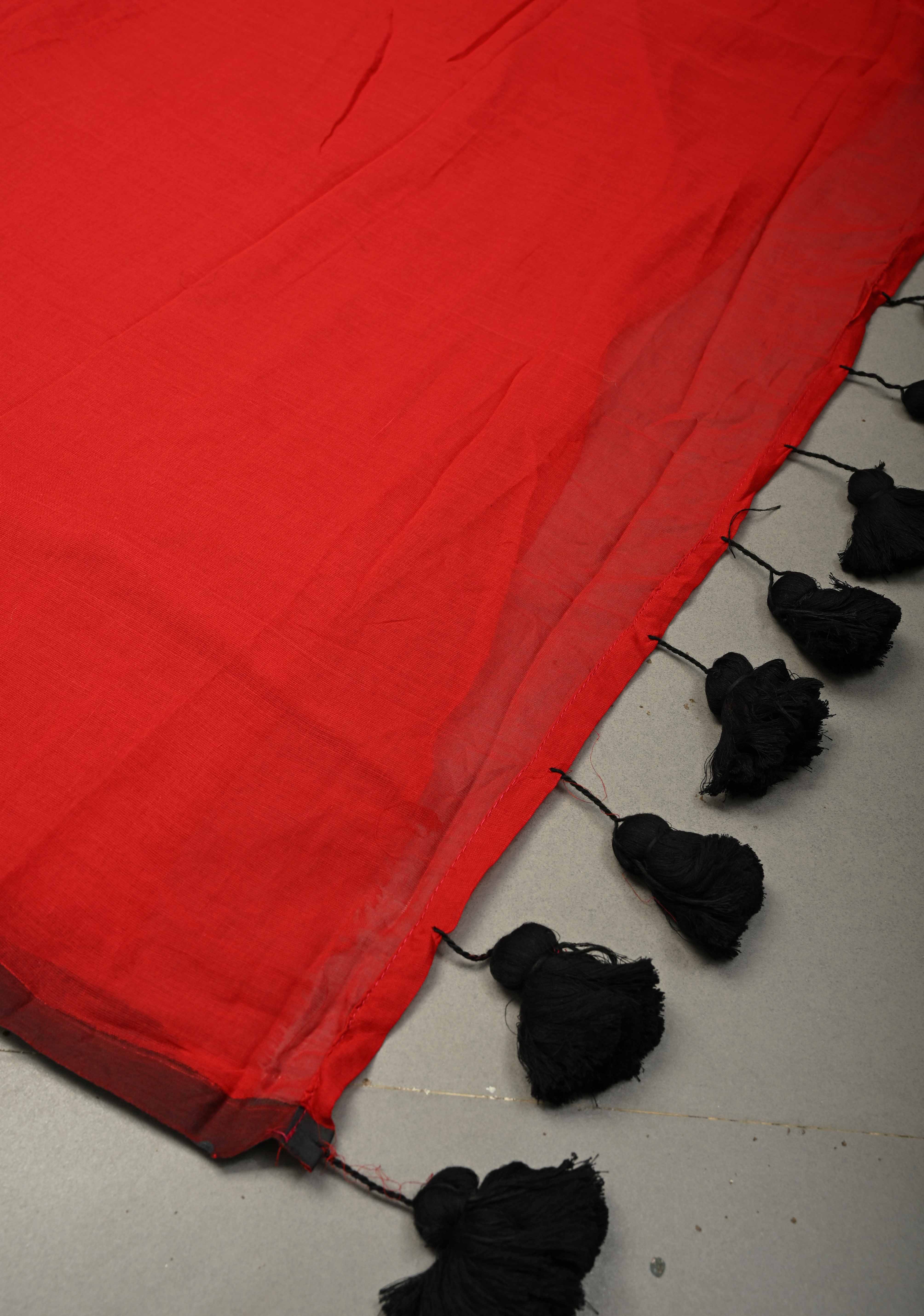 Blood Red Mulmul Cotton Saree with Long Black Tassels, No Blouse Piece | Shobitam