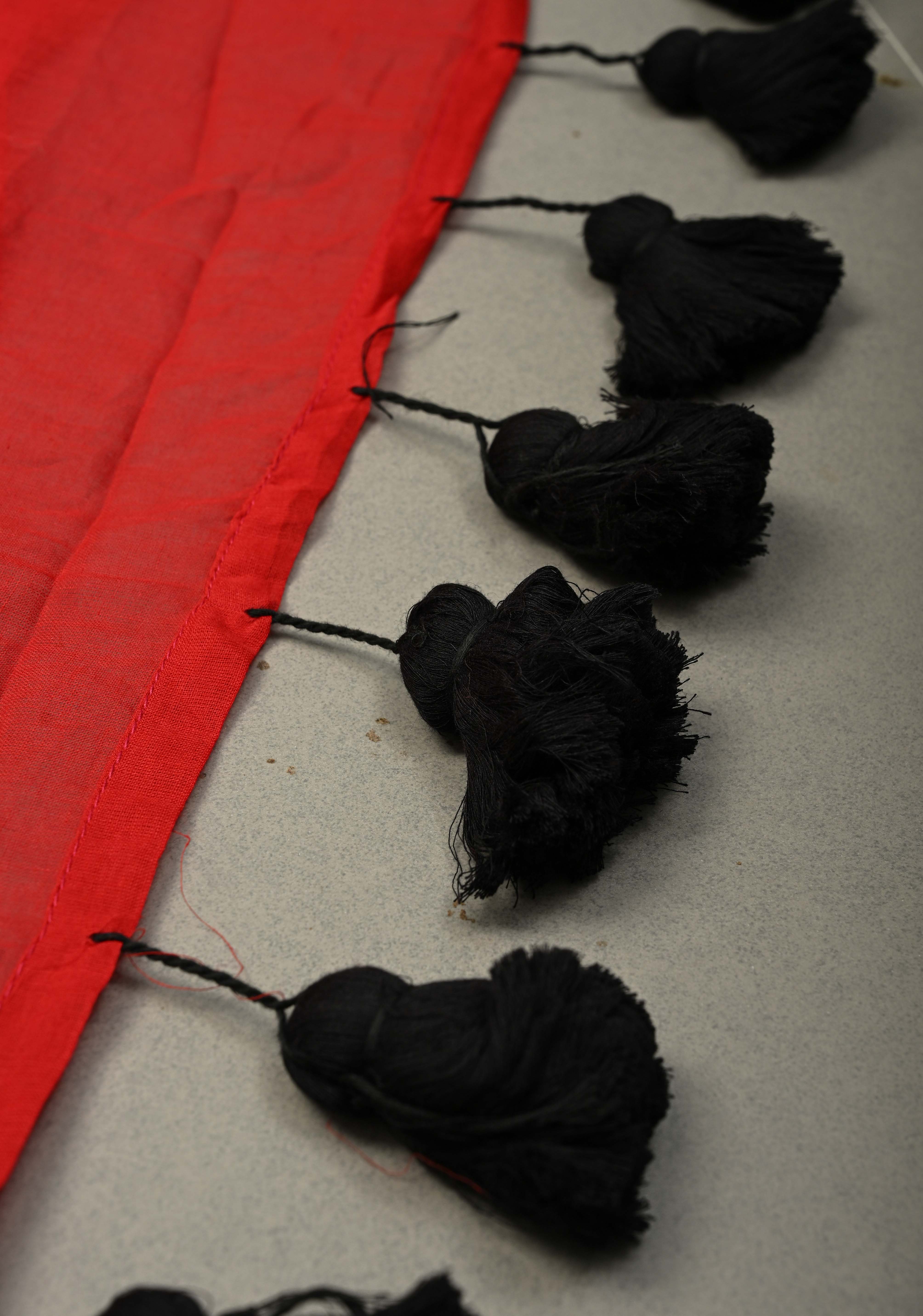 Blood Red Mulmul Cotton Saree with Long Black Tassels, No Blouse Piece | Shobitam