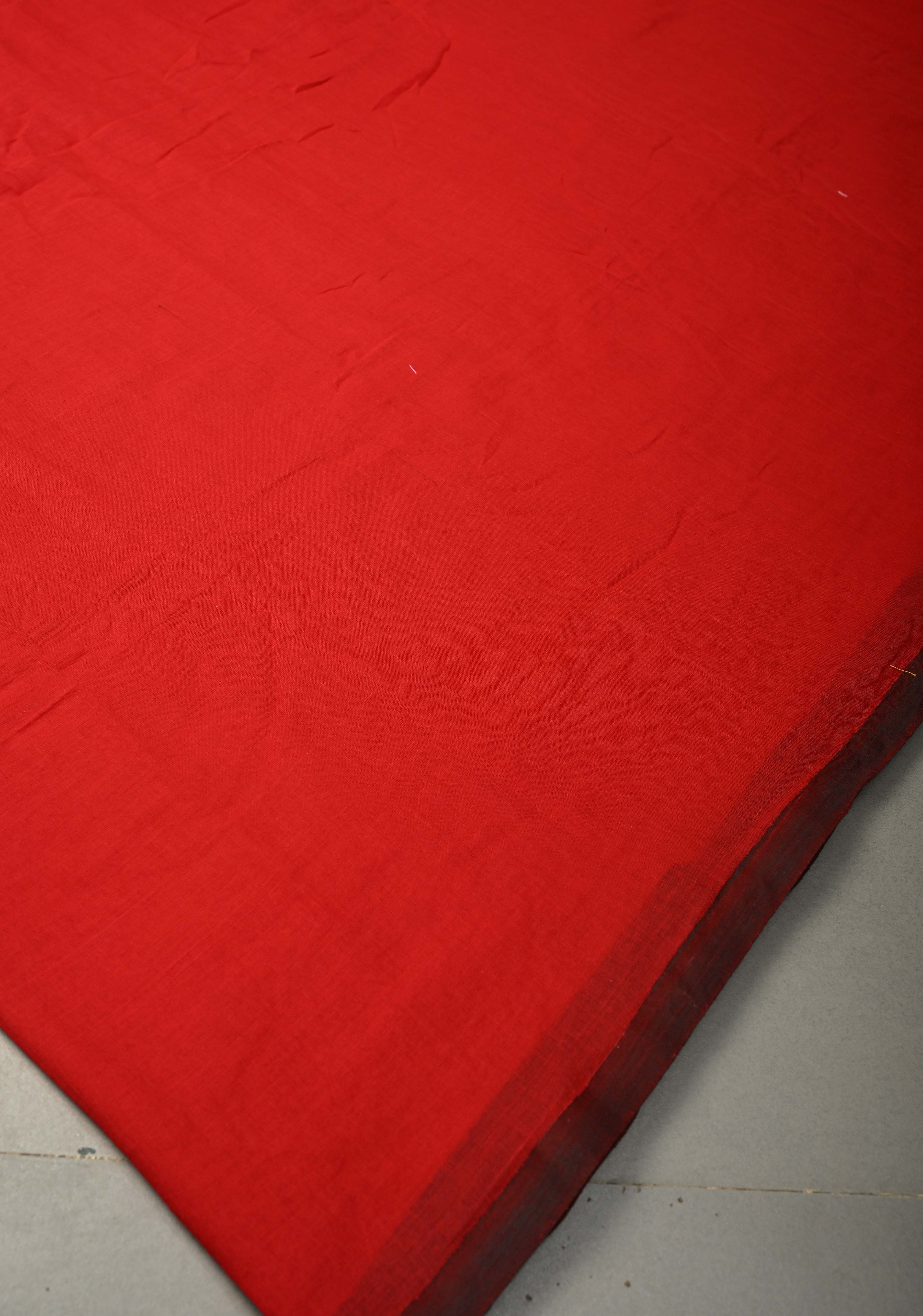 Blood Red Mulmul Cotton Saree with Long Black Tassels, No Blouse Piece | Shobitam
