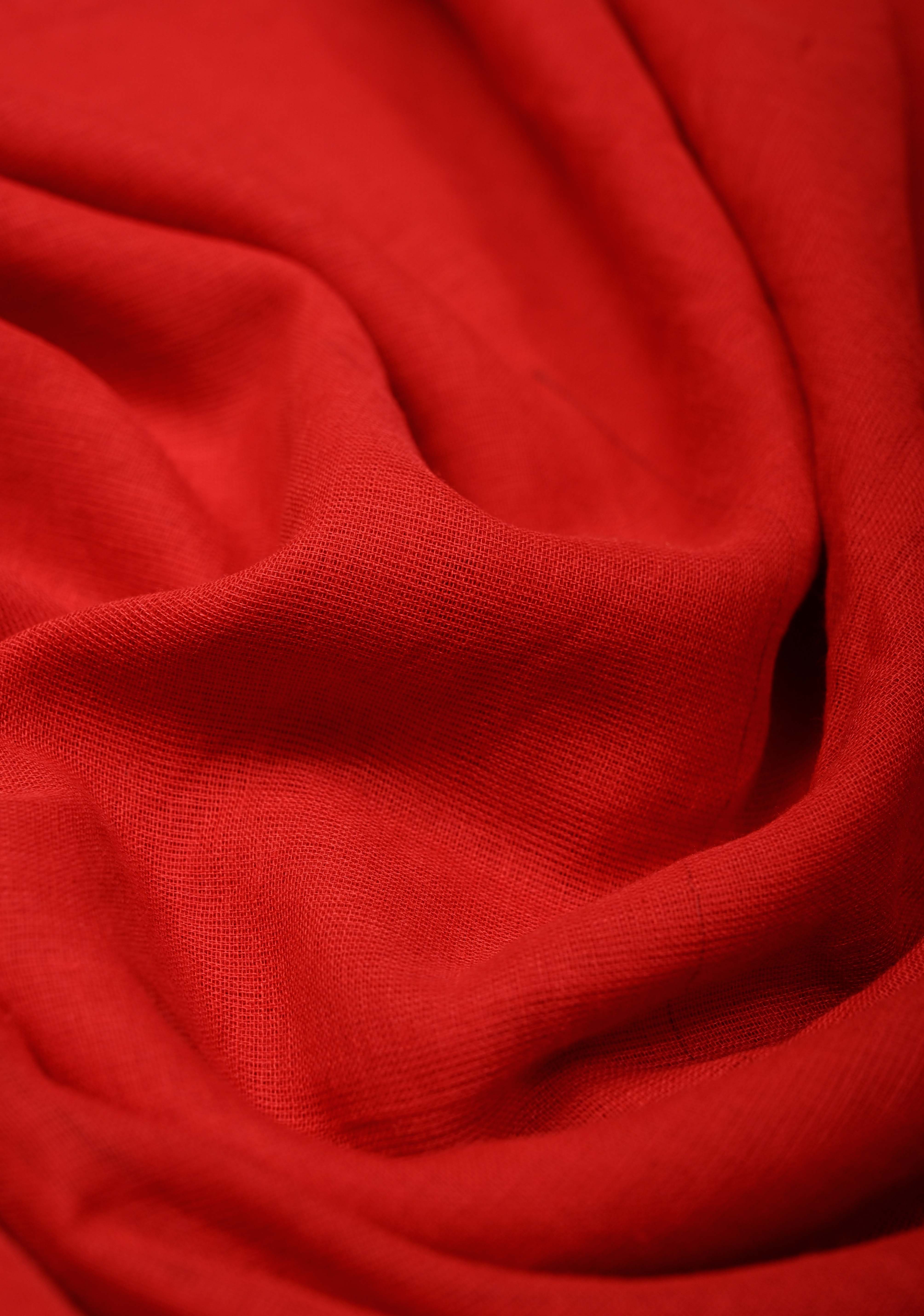 Blood Red Mulmul Cotton Saree with Long Black Tassels, No Blouse Piece | Shobitam