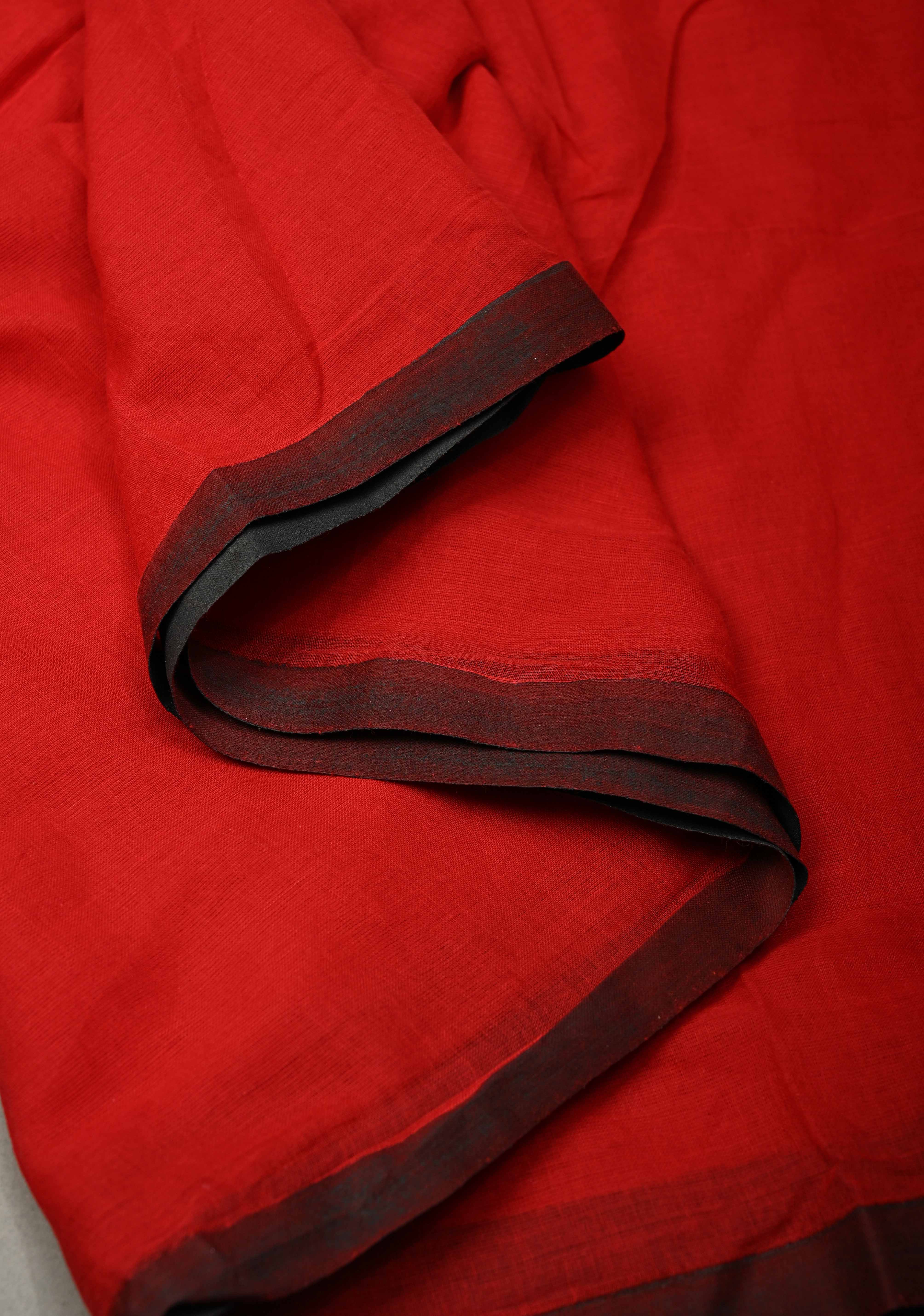 Blood Red Mulmul Cotton Saree with Long Black Tassels, No Blouse Piece | Shobitam