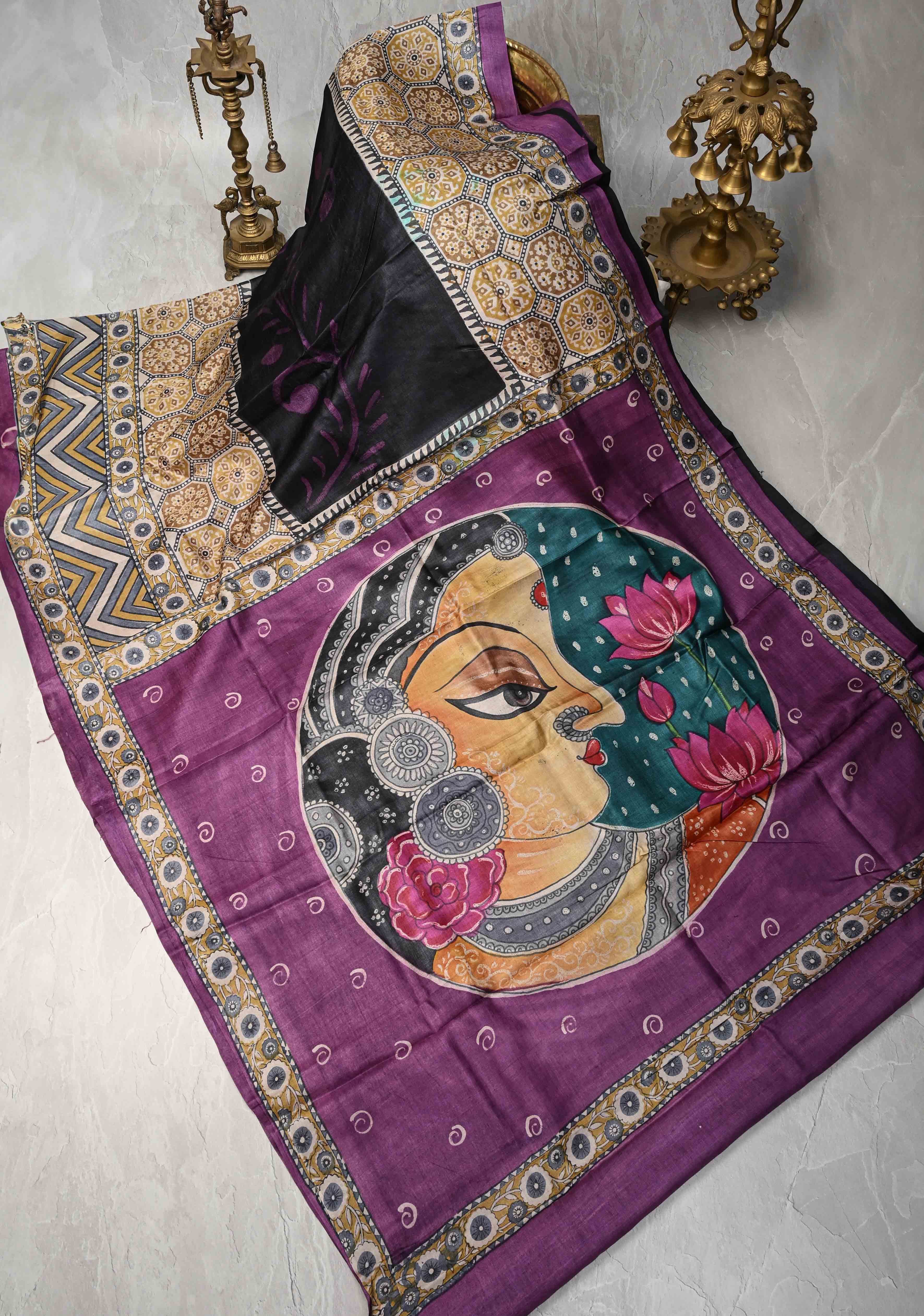 Black Jari Tussar Silk saree with Ajrakh Handblock Print and Sita Face Handpainting motifs on Pallu | SILK MARK CERTIFIED | Shobitam