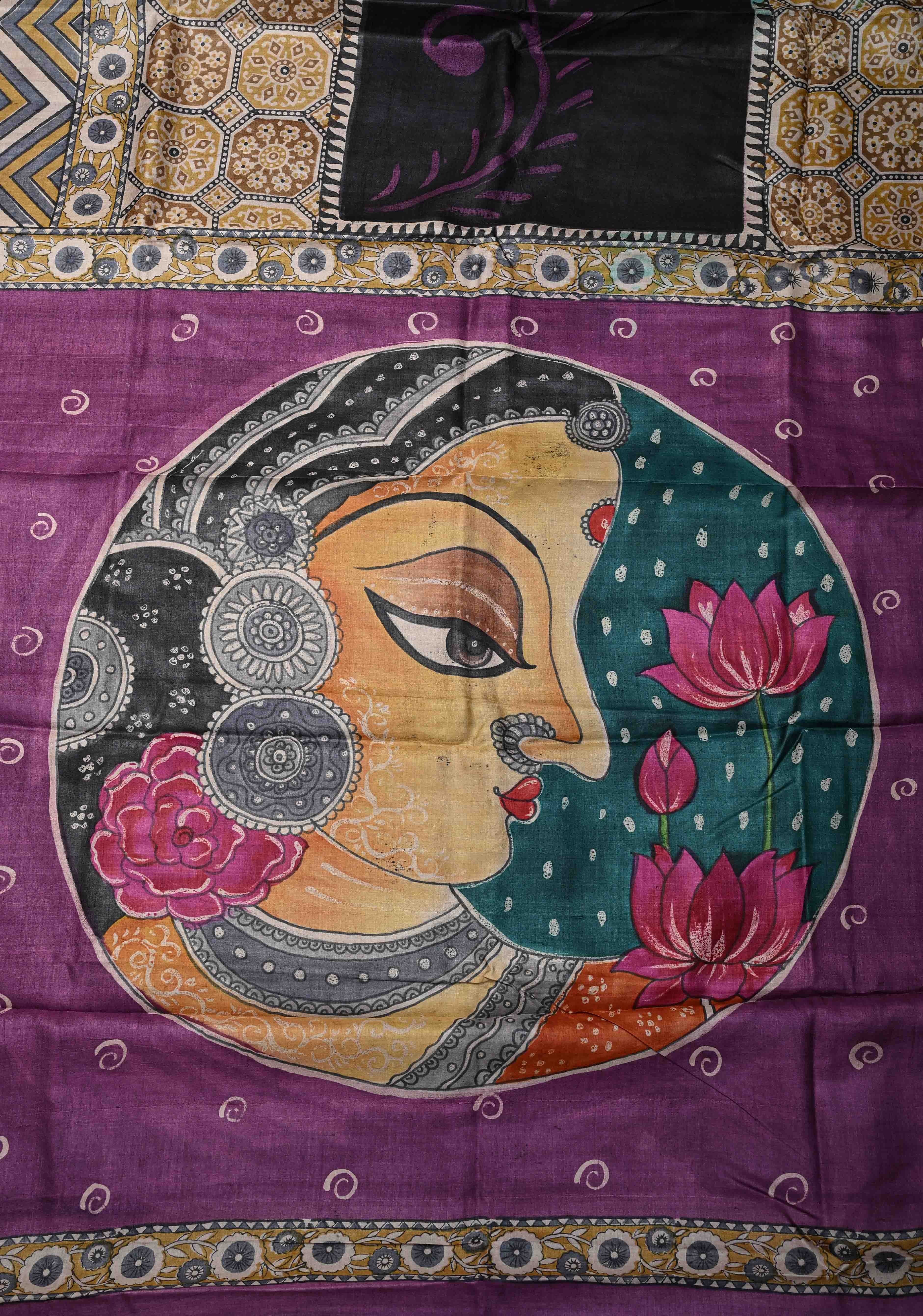 Black Jari Tussar Silk saree with Ajrakh Handblock Print and Sita Face Handpainting motifs on Pallu | SILK MARK CERTIFIED | Shobitam