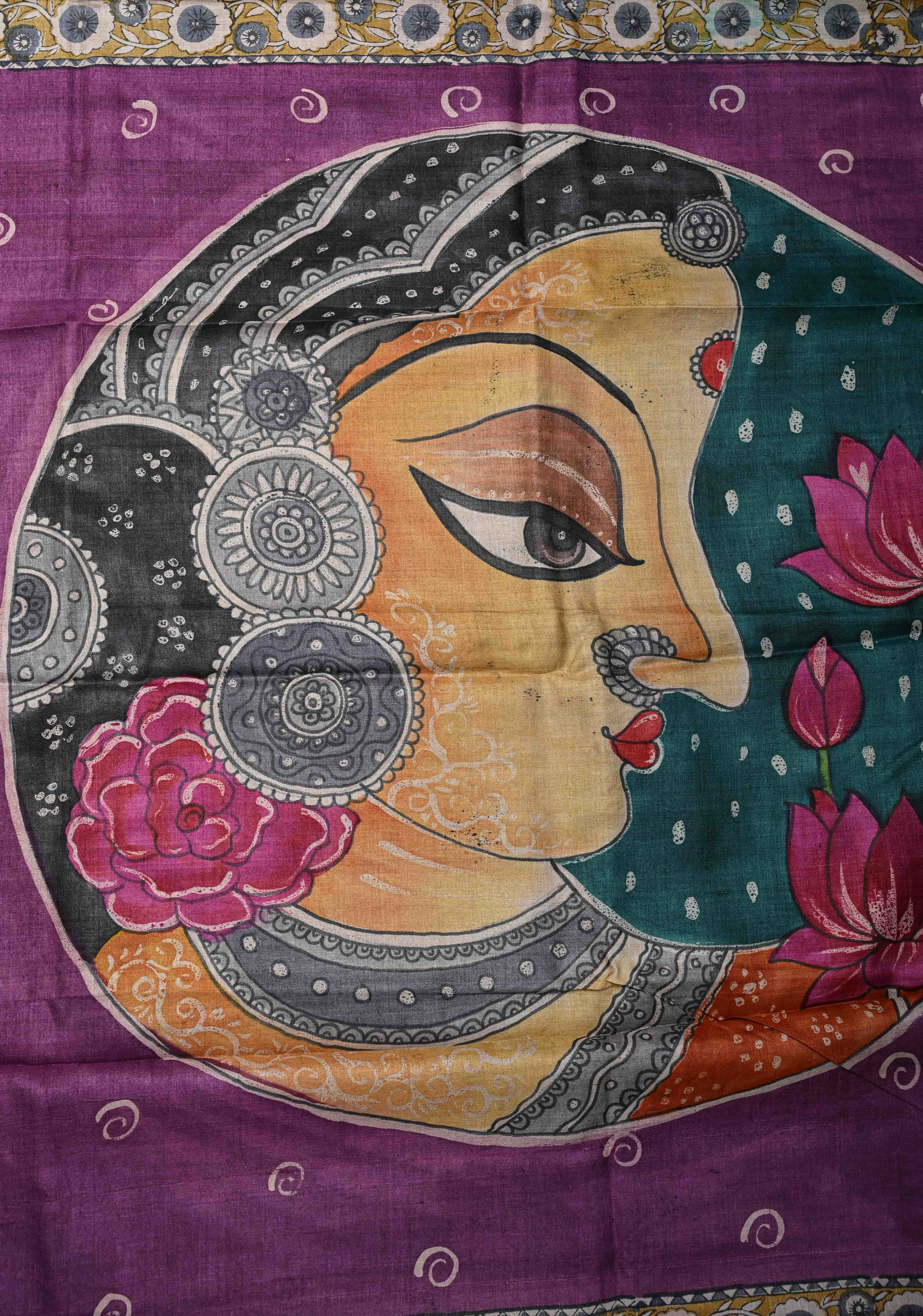 Black Jari Tussar Silk saree with Ajrakh Handblock Print and Sita Face Handpainting motifs on Pallu | SILK MARK CERTIFIED | Shobitam