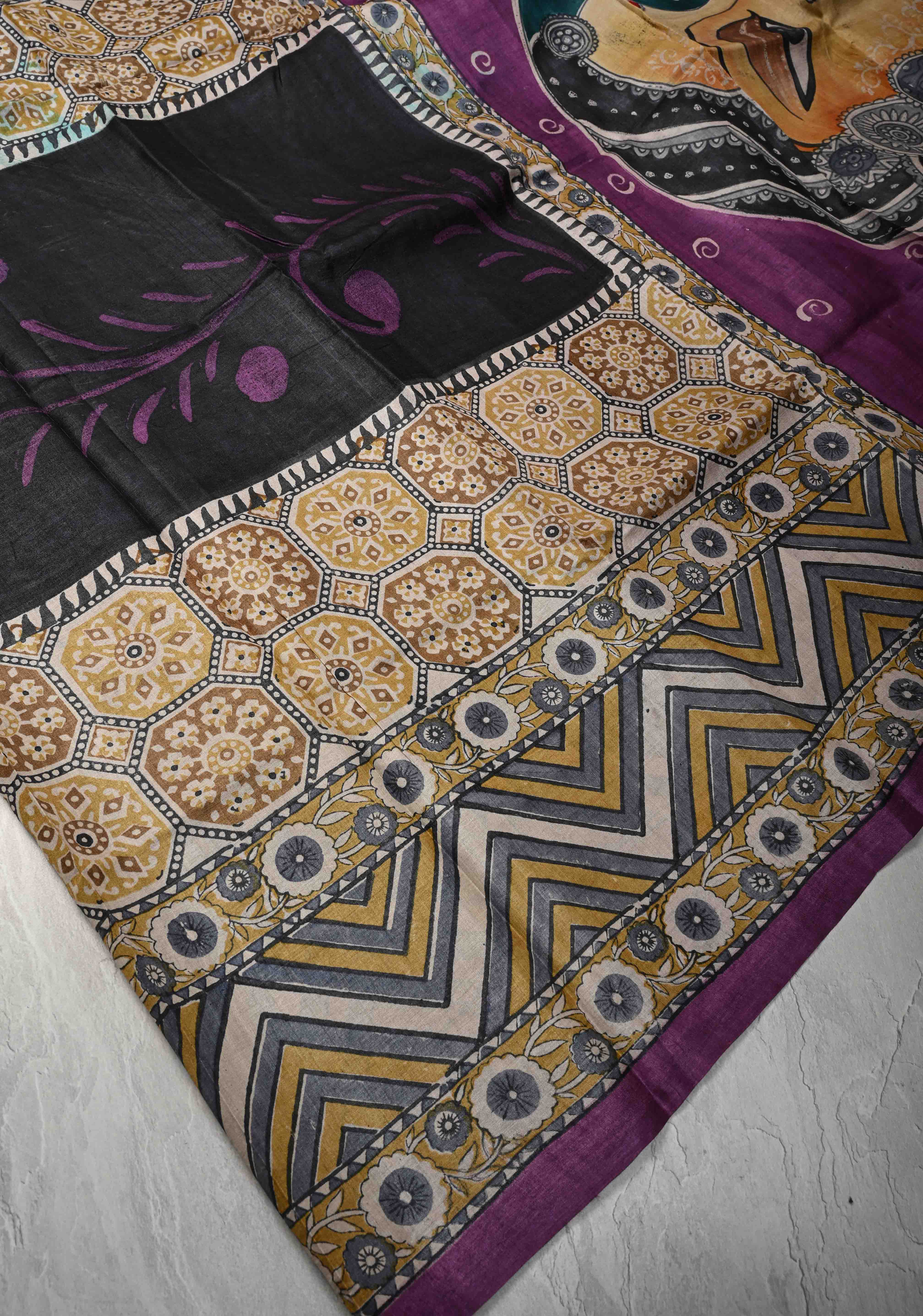 Black Jari Tussar Silk saree with Ajrakh Handblock Print and Sita Face Handpainting motifs on Pallu | SILK MARK CERTIFIED | Shobitam