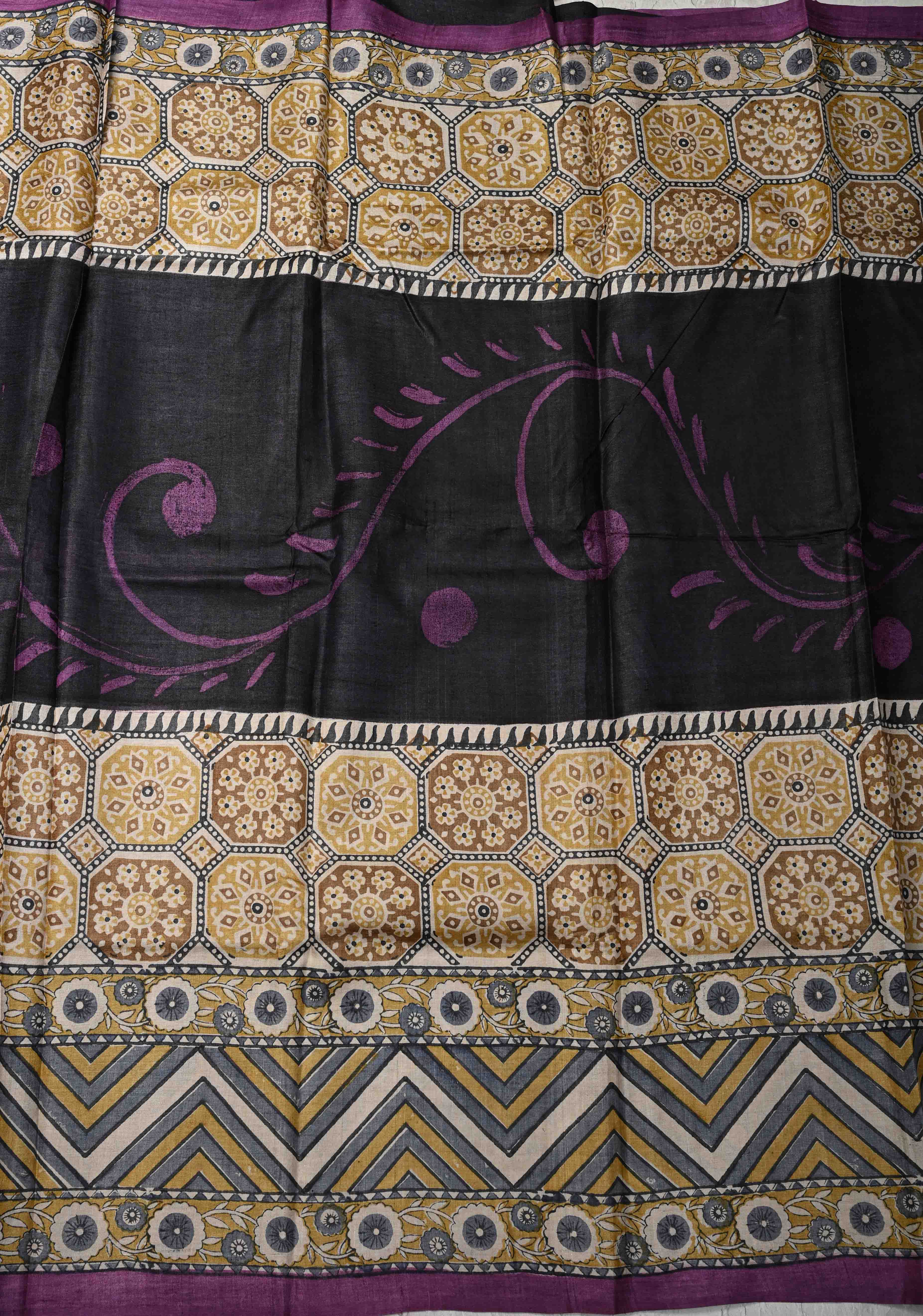 Black Jari Tussar Silk saree with Ajrakh Handblock Print and Sita Face Handpainting motifs on Pallu | SILK MARK CERTIFIED | Shobitam
