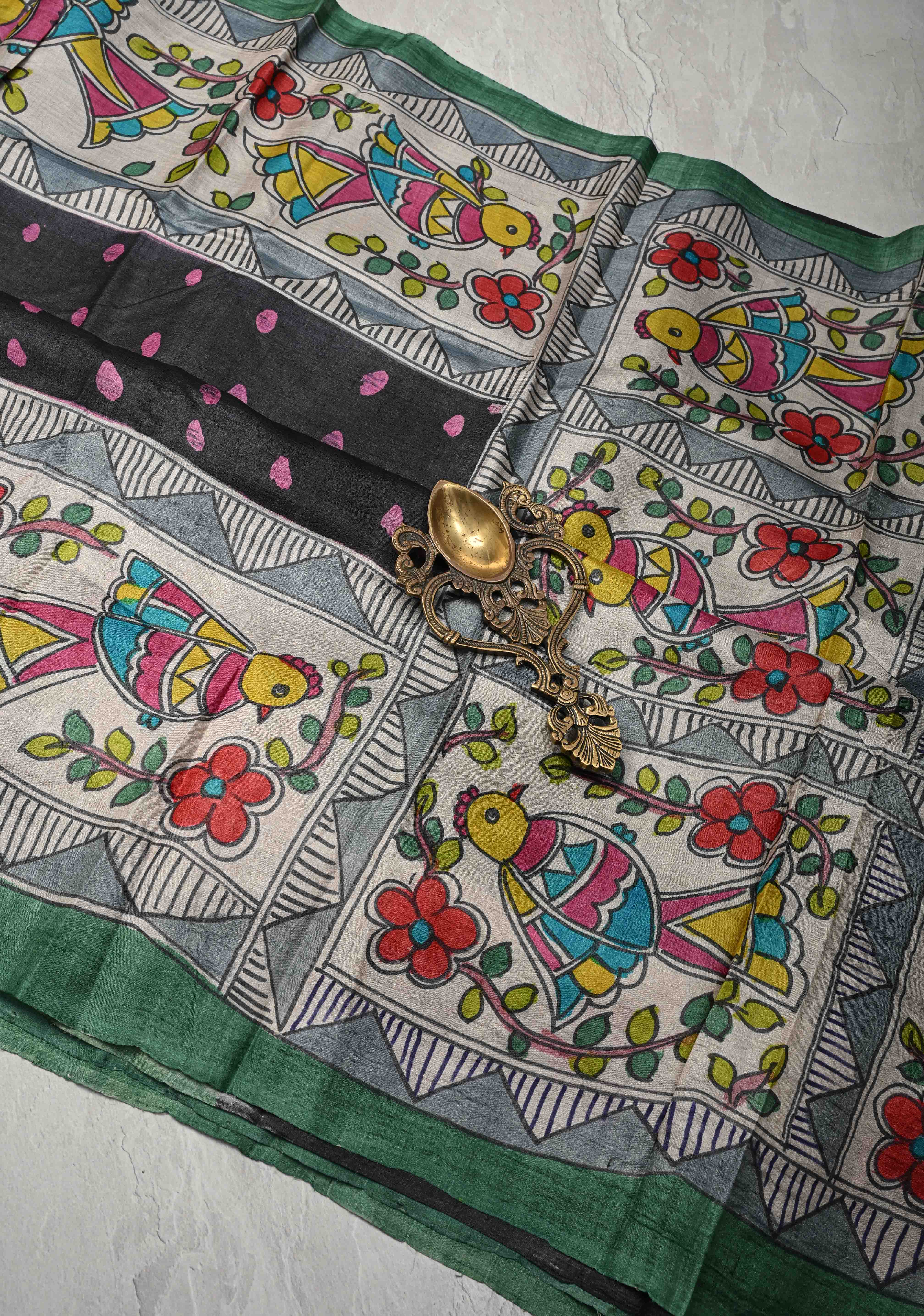 Black Lightweight Tussar Silk saree with Kalamkari Style Hand painted | SILK MARK CERTIFIED | Shobitam