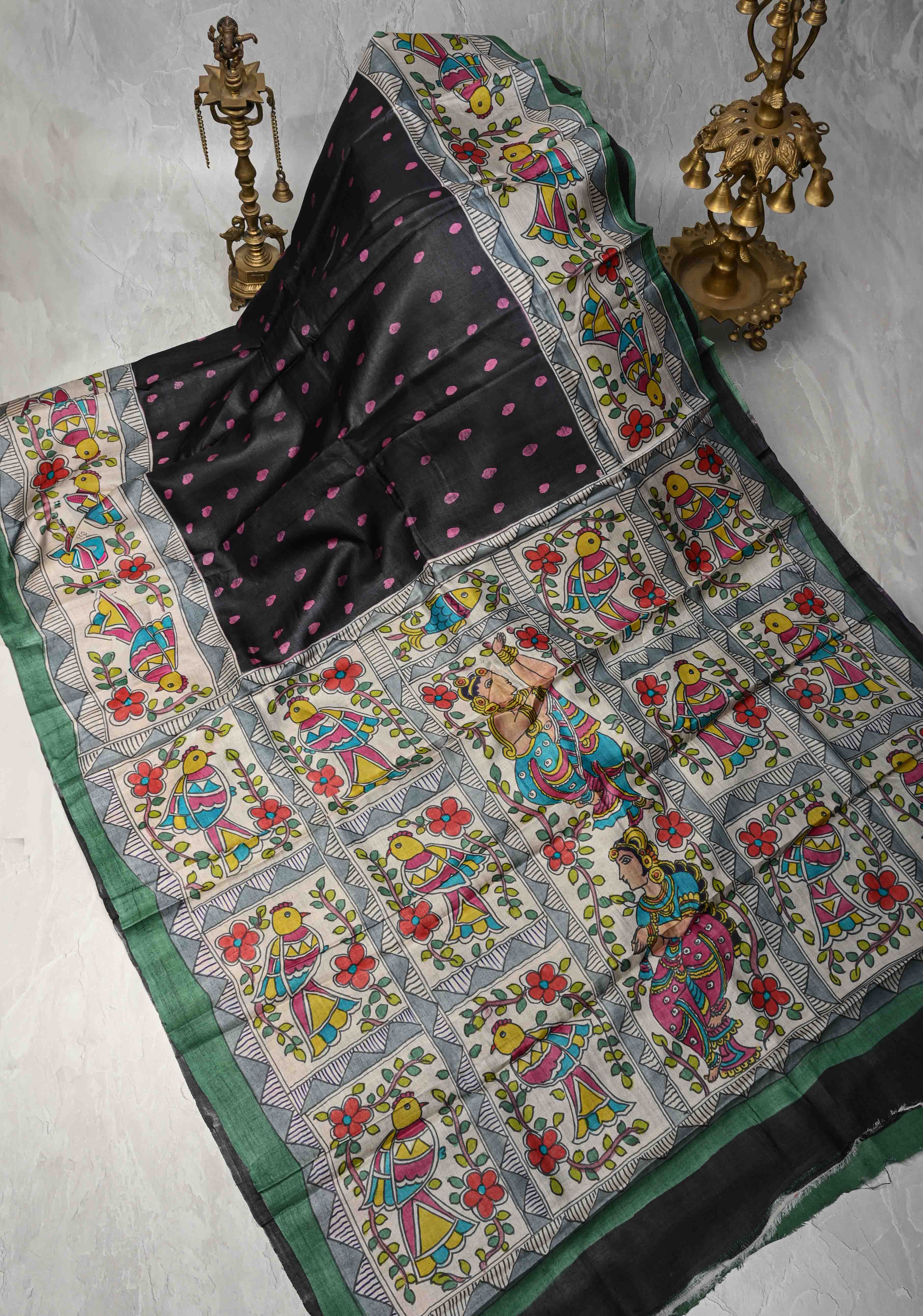 Black Lightweight Tussar Silk saree with Kalamkari Style Hand painted | SILK MARK CERTIFIED | Shobitam
