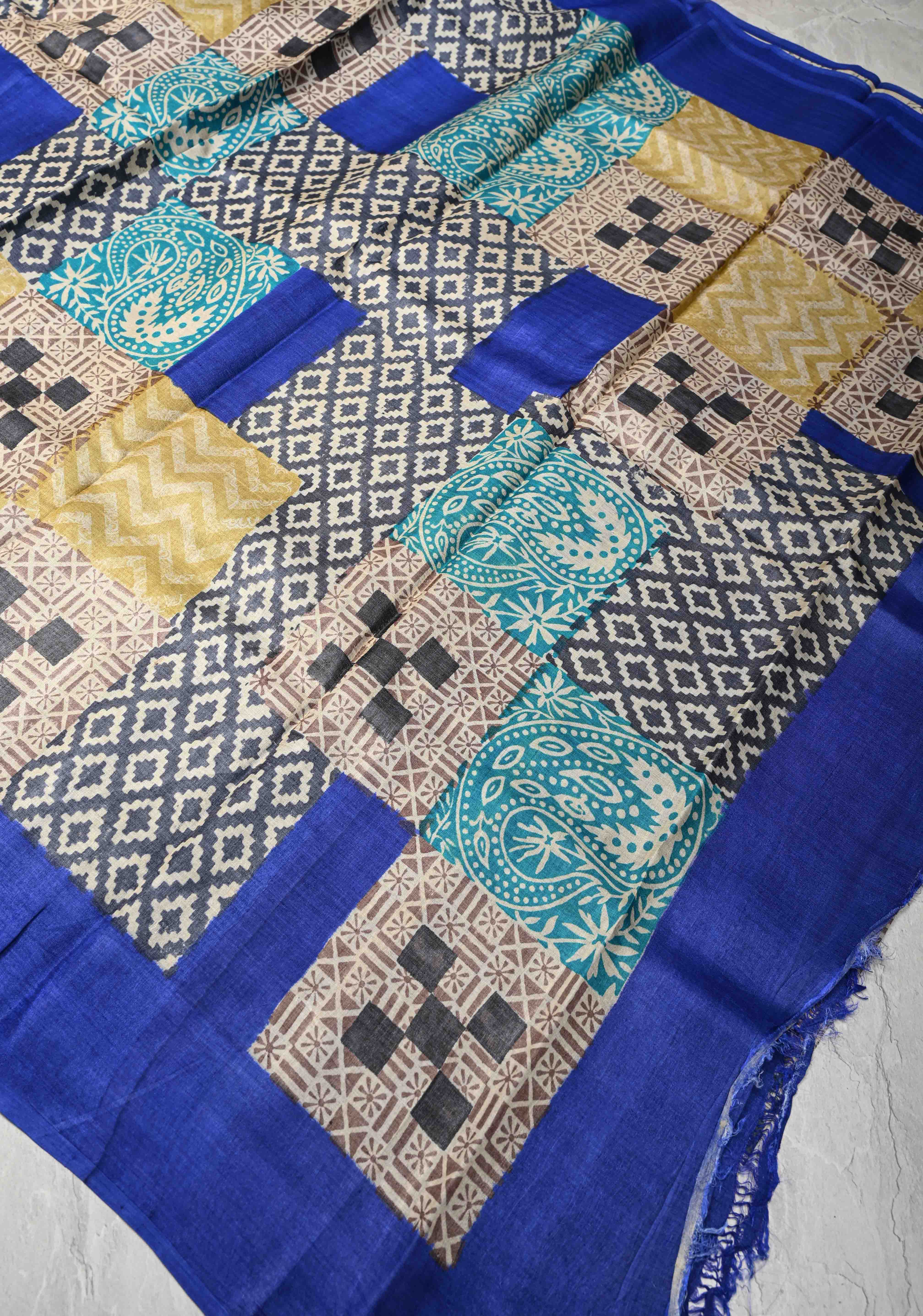 Collage design Jari Tussar Silk saree with Contemporary Geometric Handblock Print | SILK MARK CERTIFIED | Shobitam