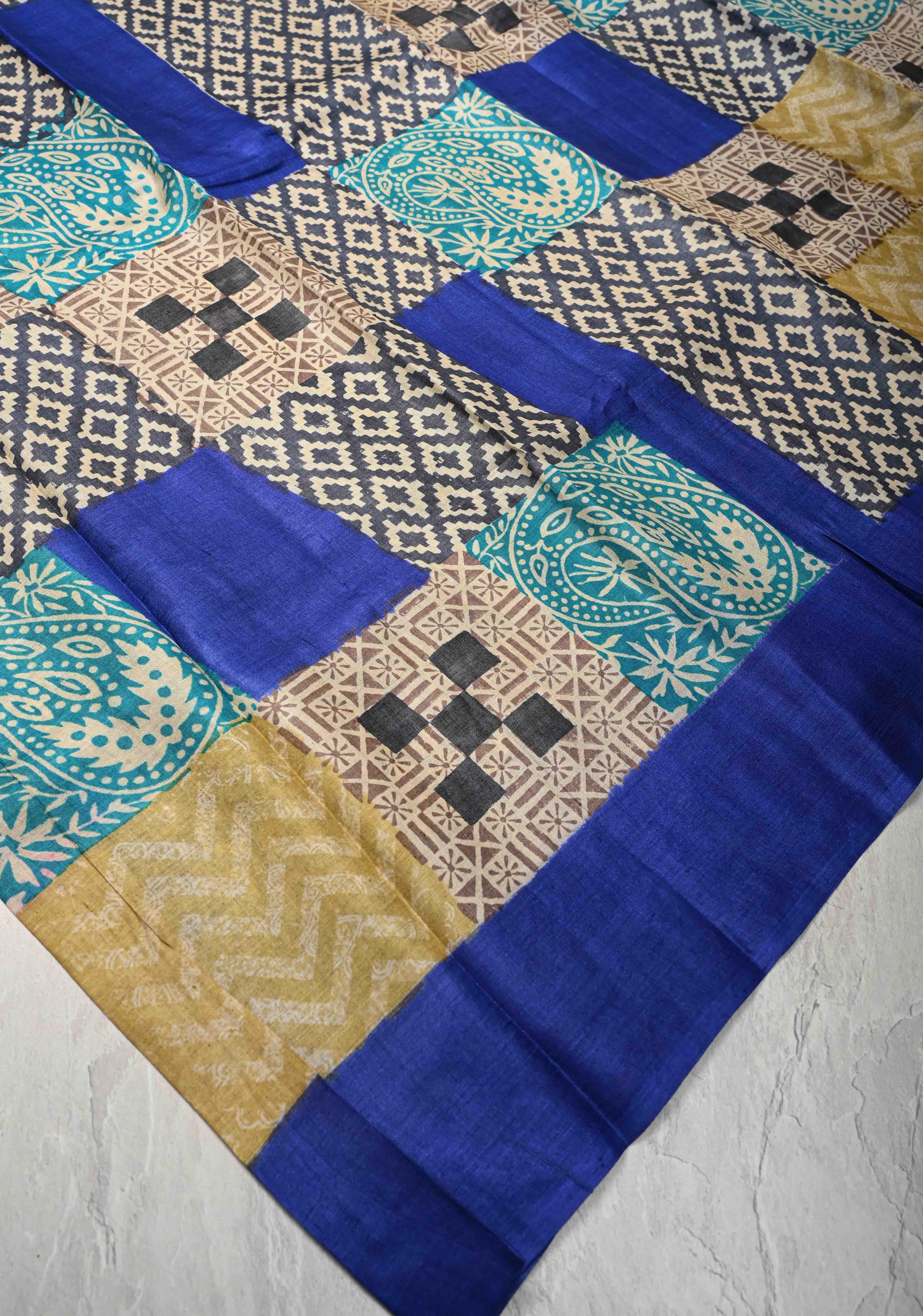 Collage design Jari Tussar Silk saree with Contemporary Geometric Handblock Print | SILK MARK CERTIFIED | Shobitam