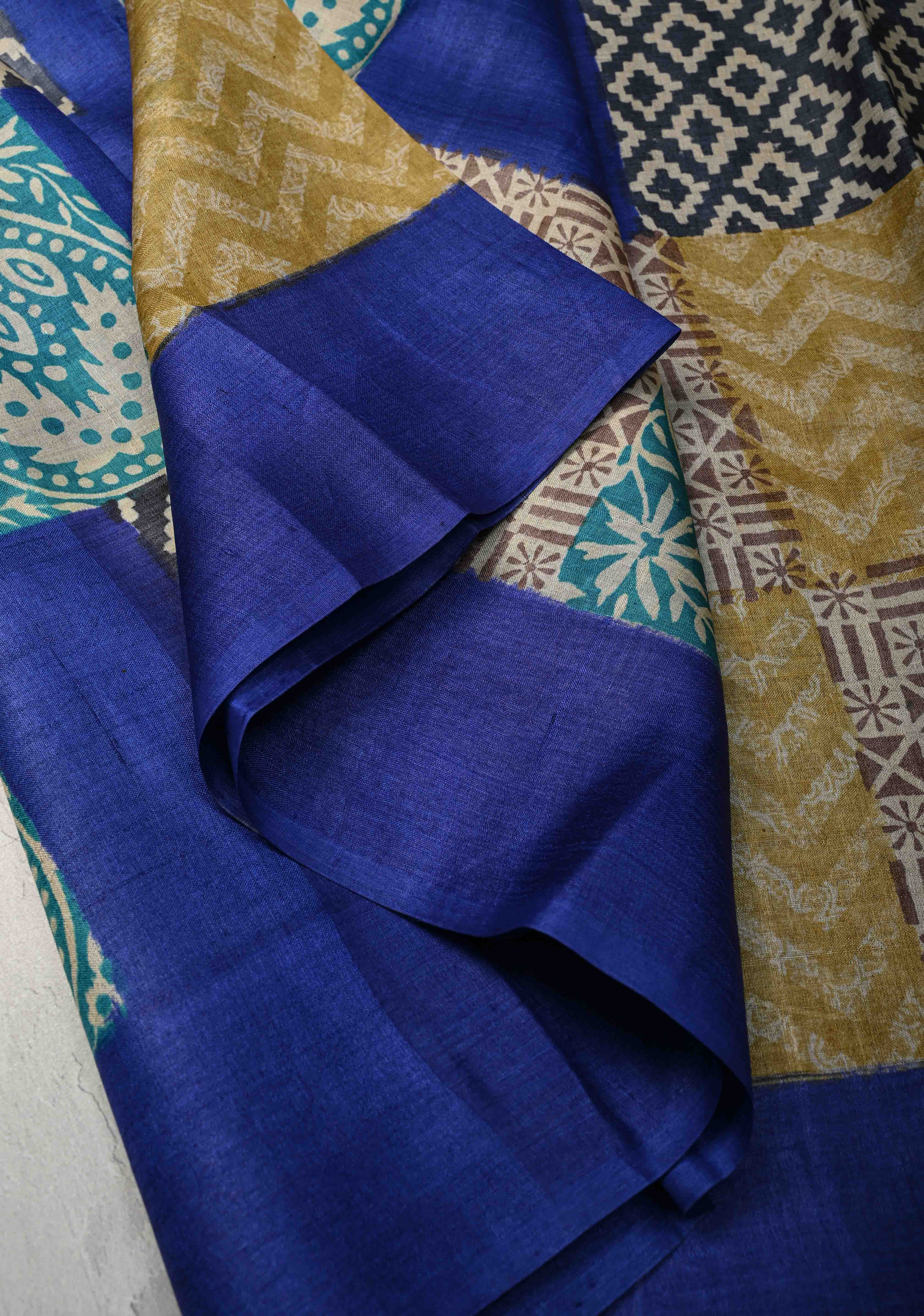 Collage design Jari Tussar Silk saree with Contemporary Geometric Handblock Print | SILK MARK CERTIFIED | Shobitam